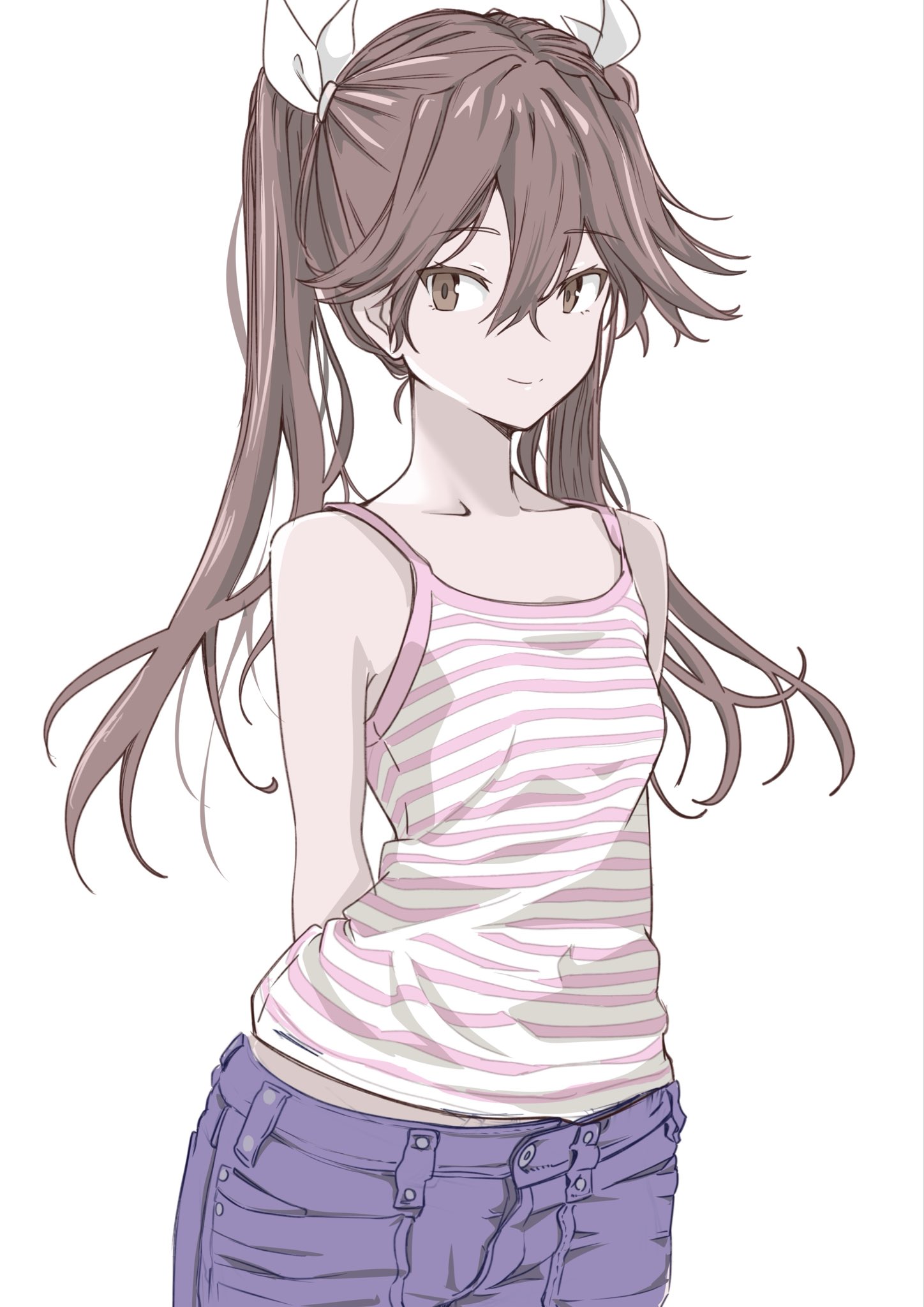 chakoru, tone (kancolle), kantai collection, highres, 1girl, alternate costume, arm behind back, blue shorts, breasts, brown eyes, brown hair, cowboy shot, hair between eyes, looking at viewer, pink tank top, shorts, small breasts, solo, standing, striped tank top, tank top, twintails