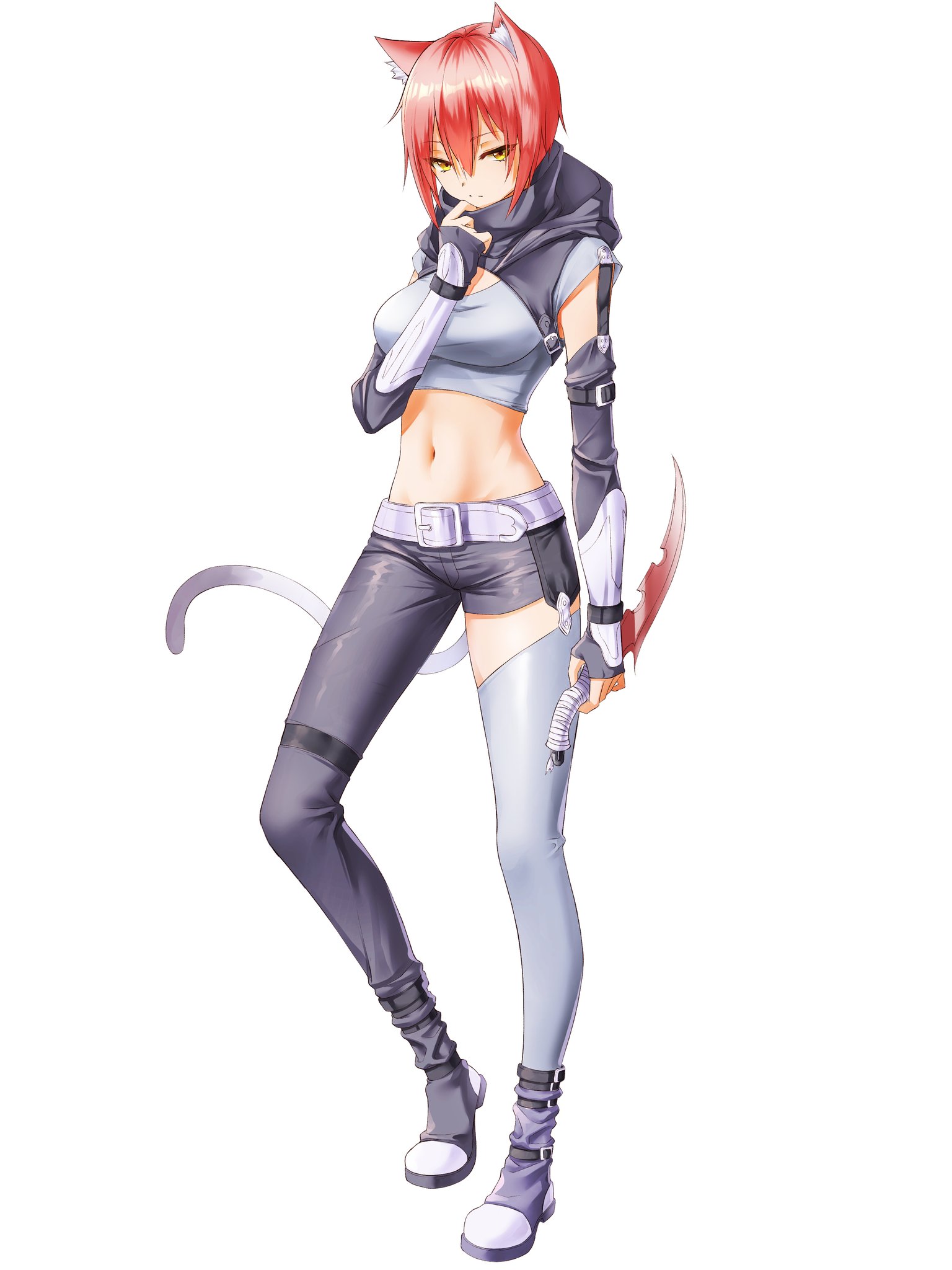 moon (restire), original, commentary request, highres, korean commentary, 1girl, arm at side, asymmetrical pants, belt, belt buckle, breasts, buckle, cat girl, cat tail, closed mouth, crop top, cropped shirt, double-parted bangs, full body, grey shirt, grey shrug, hair between eyes, hand up, holding, holding knife, knife, large breasts, long bangs, looking at viewer, navel, red hair, shirt, short hair, shrug (clothing), simple background, single thighhigh, solo, stomach, tail, thighhighs, very short hair, white background, white belt, white thighhighs, yellow eyes
