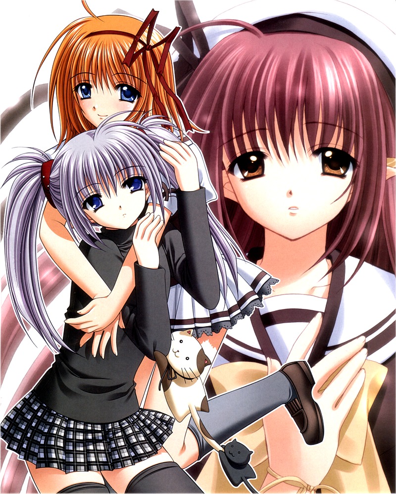 nishimata aoi, fuyou kaede, lisianthus, primula, shuffle!, official art, 00s, 3girls, blue eyes, brown eyes, cat, hair ribbon, long hair, multiple girls, orange hair, plaid clothes, plaid skirt, pointy ears, purple eyes, ribbon, school uniform, short hair, skirt, thighhighs, twintails, zettai ryouiki