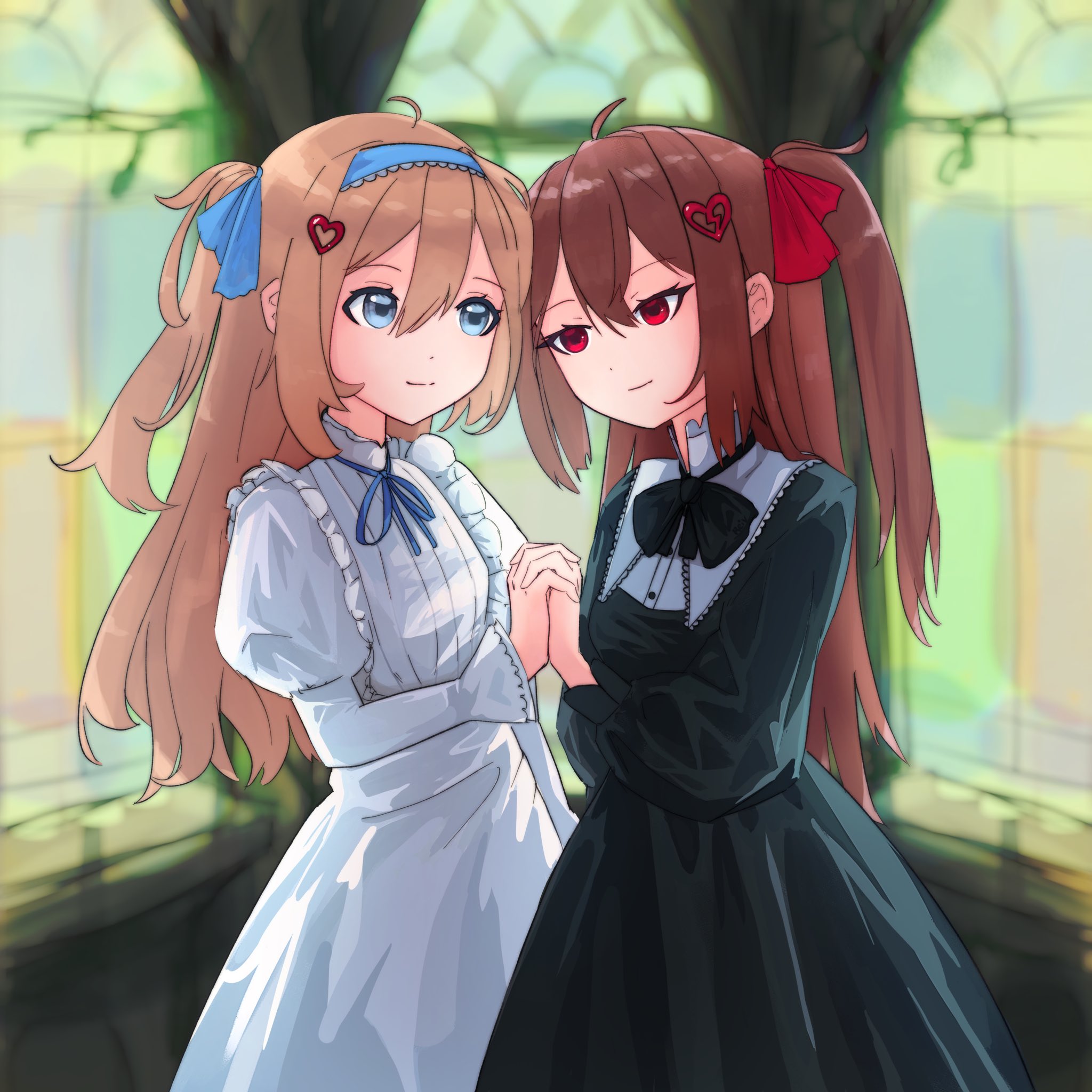 evil neuro-sama, neuro-sama, highres, 2girls, ahoge, bib collar, black bow, black bowtie, black dress, blue eyes, blue hairband, blue ribbon, bow, bowtie, broken heart, broken heart hair ornament, brown hair, closed mouth, collar, cowboy shot, dress, frilled collar, frills, hair between eyes, hair ornament, hair ribbon, hairband, heads together, heart, heart hair ornament, high collar, holding hands, interlocked fingers, juliet sleeves, long hair, long sleeves, multiple girls, neck ribbon, official alternate costume, puffy long sleeves, puffy sleeves, puritan collar, red eyes, red ribbon, reivooon, ribbon, siblings, smile, stained glass, twins, two side up, vedal ai, virtual youtuber, white dress