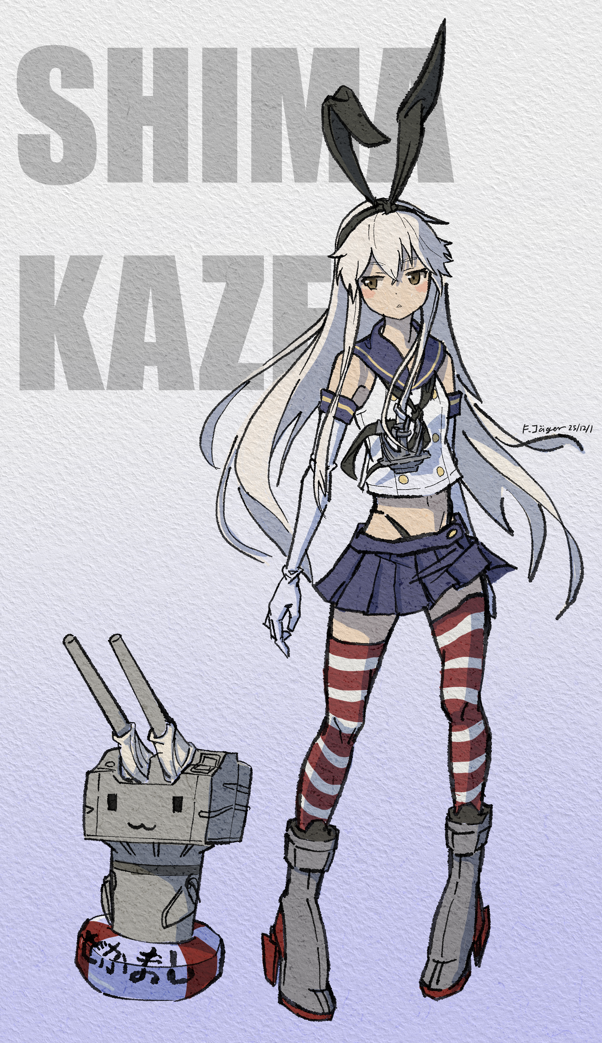 rensouhou-chan, shimakaze (kancolle), kantai collection, absurdres, highres, 1girl, anchor hair ornament, black hairband, black neckerchief, black panties, blonde hair, blue sailor collar, blue skirt, character name, crop top, elbow gloves, f.jaeger, full body, gloves, grade background, grey eyes, hair ornament, hairband, highleg, highleg panties, long hair, microskirt, miniskirt, neckerchief, panties, pleated skirt, sailor collar, shirt, skirt, sleeveless, sleeveless shirt, standing, striped clothes, striped thighhighs, text background, thighhighs, underwear, white gloves