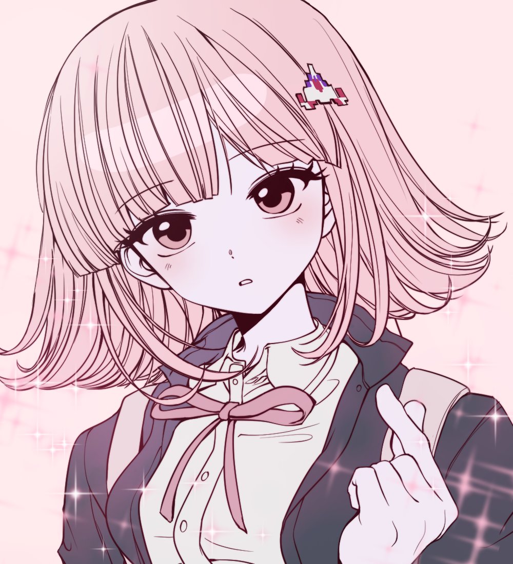 nanami chiaki, danganronpa (series), danganronpa 2: goodbye despair, 1girl, black jacket, breasts, brown hair, duwan1044834, finger heart, flipped hair, hair ornament, jacket, long sleeves, medium breasts, medium hair, neck ribbon, no hood, open clothes, open jacket, pink eyes, ribbon, shirt, simple background, solo, teeth, white shirt