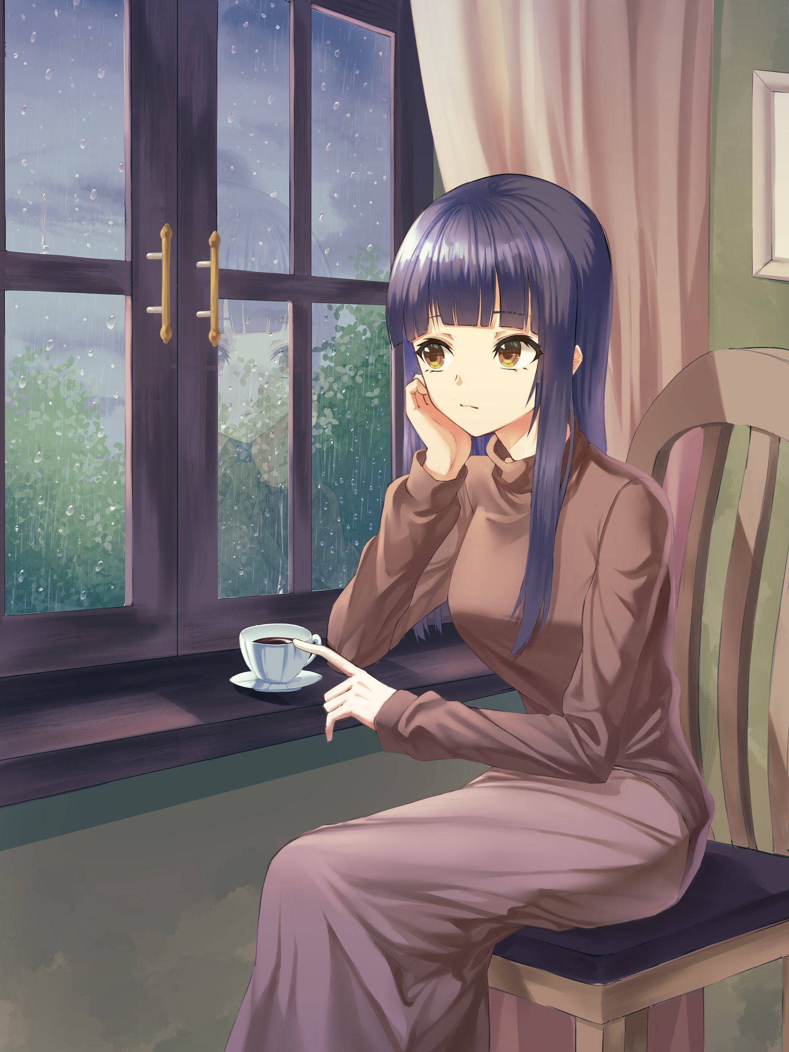 moon (restire), original, commentary request, highres, korean commentary, 1girl, black hair, brown hair, brown skirt, brown sweater, chair, closed mouth, cup, curtains, day, elbow rest, expressionless, feet out of frame, hair over shoulder, hand rest, hand up, indoors, long hair, long sidelocks, long skirt, on chair, overcast, plate, rain, reflection, sidelocks, sitting, skirt, sky, solo, sweater, teacup, turtleneck, turtleneck sweater, window, wispy bangs