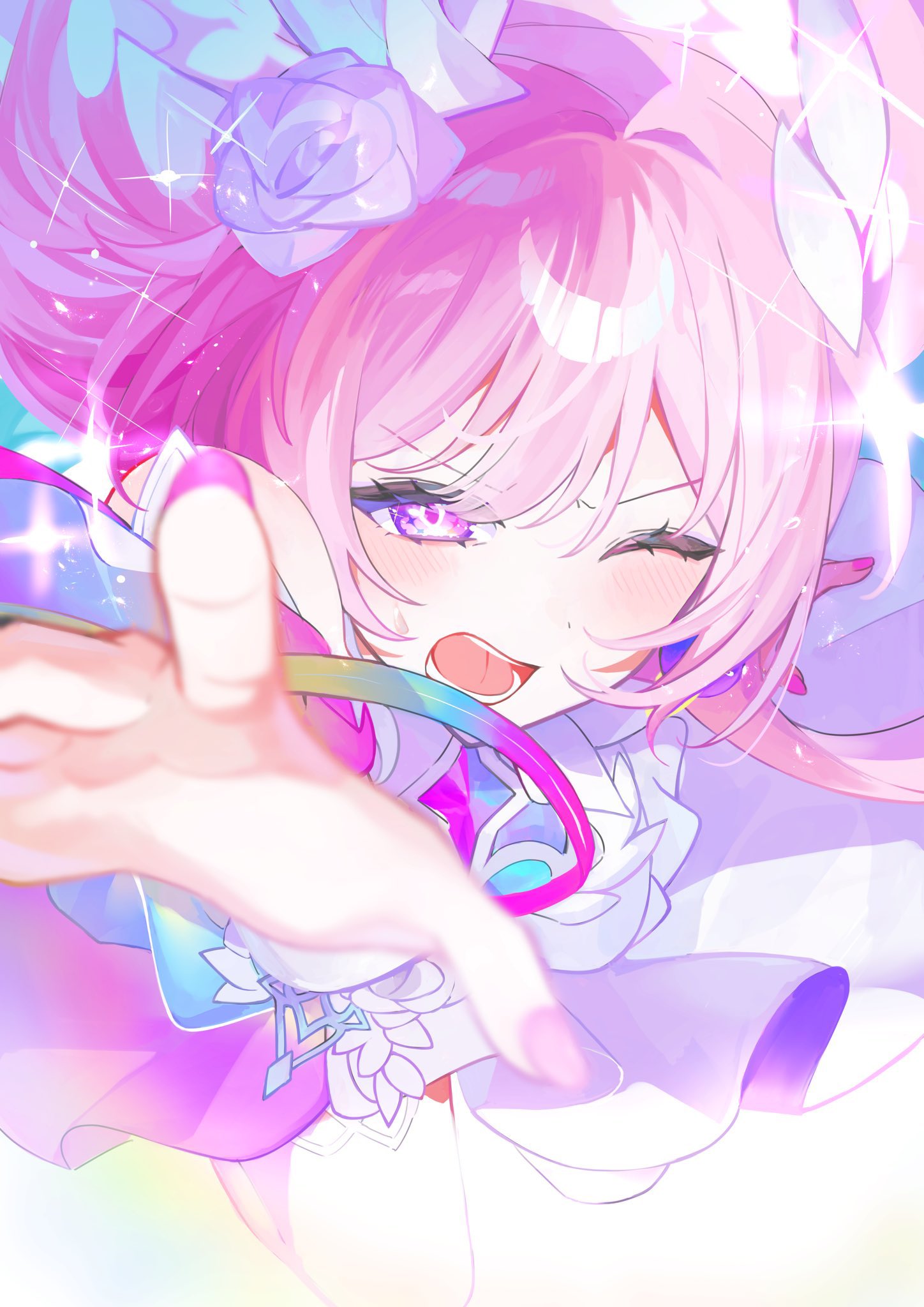 ooo00 cha, cyrene (honkai: star rail), honkai: star rail, honkai (series), commentary request, highres, 1girl, blush, breasts, cyrene (demiurge) (honkai: star rail), dress, fingernails, flower, hair flower, hair ornament, long fingernails, long hair, looking at viewer, medium breasts, nail polish, open mouth, pink hair, purple eyes, purple flower, purple nails, purple rose, reaching, reaching towards viewer, rose, solo, v-shaped eyebrows, white dress