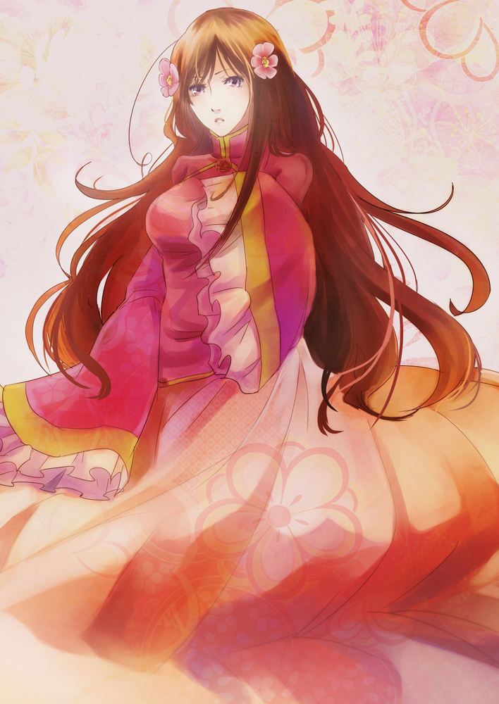 kanameyura, taiwan (hetalia), axis powers hetalia, bad id, bad pixiv id, 00s, 1girl, ahoge, brown hair, changpao, chinese clothes, dress, female focus, flower, frills, gathers, hair flower, hair ornament, long hair, long skirt, long sleeves, plum blossoms, skirt, sleeves past wrists, solo, very long hair