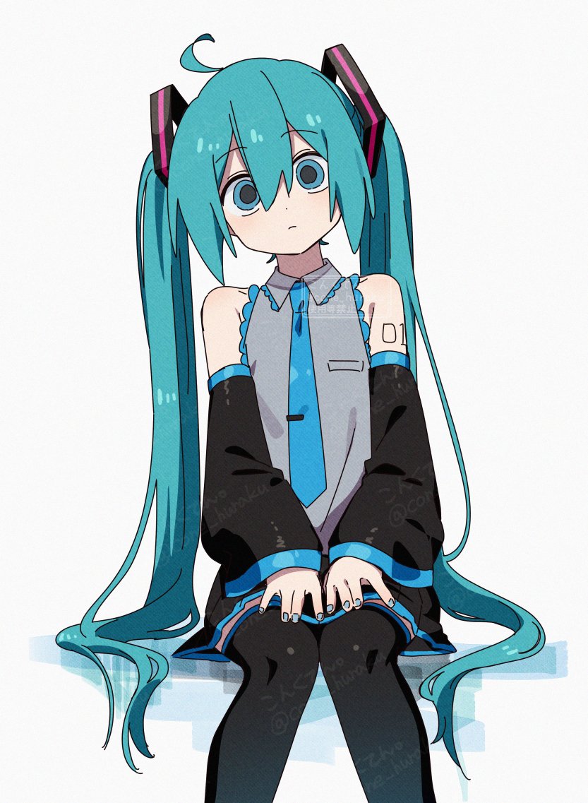 corn kuten, hatsune miku, vocaloid, commentary request, 1girl, ahoge, black skirt, black sleeves, black thighhighs, blue eyes, blue necktie, closed mouth, collared shirt, detached sleeves, dot nose, double-parted bangs, feet out of frame, green hair, grey shirt, hair between eyes, long hair, long sleeves, looking at viewer, miniskirt, necktie, number tattoo, pleated skirt, shirt, shoulder tattoo, simple background, sitting, skirt, sleeveless, sleeveless shirt, solo, tattoo, thighhighs, twintails, very long hair, watermark, white background, wide sleeves