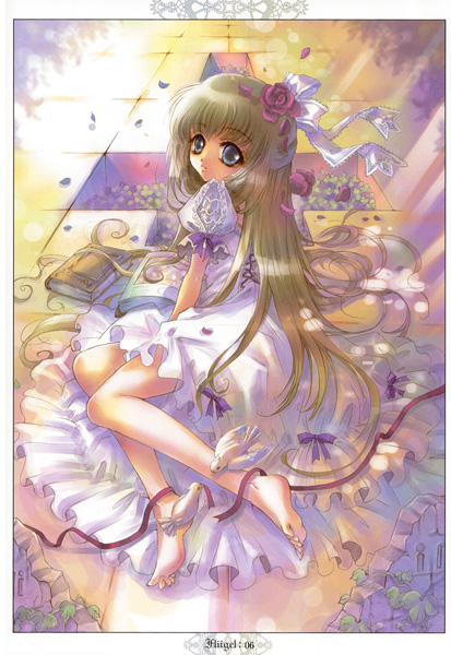 e~ji, animal, barefoot, blonde hair, blue eyes, book, dress, feet, flower, long hair, ribbon, solo