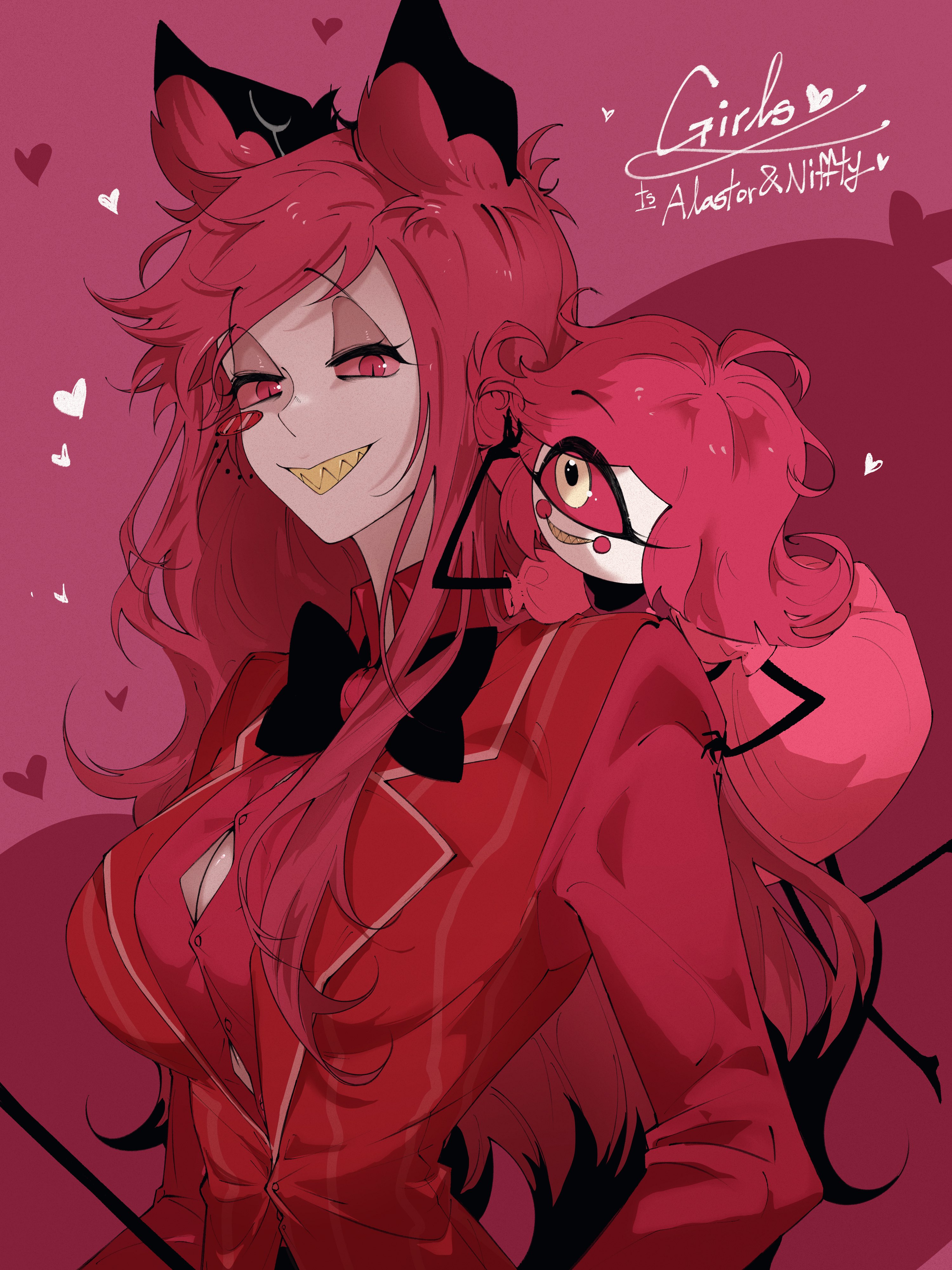 alastor (hazbin hotel), niffty (hazbin hotel), hazbin hotel, hellaverse, absurdres, highres, 2girls, artist name, black bow, black bowtie, blush stickers, bow, bowtie, breasts, colored sclera, dress, genderswap, genderswap (mtf), grin, heart, jacket, large breasts, long hair, long sleeves, looking at viewer, monocle, multiple girls, pink background, ppo hzb, red dress, red eyes, red hair, red jacket, red sclera, sharp teeth, smile, striped clothes, striped jacket, teeth, upper body