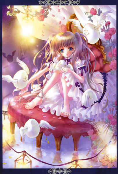 e~ji, anklet, barefoot, blue eyes, brown hair, dress, feet, flower, jewelry, solo, water, wings