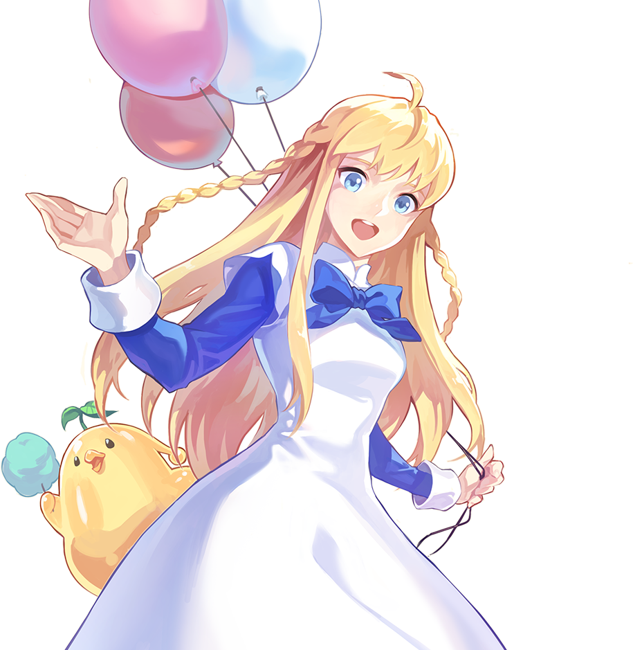 ispin charles, nexon, tales weaver, alpha transparency, artist request, official art, second-party source, ahoge, balloon, bird, blonde hair, blue bow, blue eyes, blue sleeves, bow, braid, breasts, cotton candy, dress, dress bow, food, high collar, holding, holding balloon, holding cotton candy, holding food, jellyppi, layered dress, layered sleeves, leaf, leaf jellyppi, long dress, long hair, long sidelocks, long sleeves, looking at viewer, low-braided long hair, low-tied long hair, medium breasts, narrow waist, open hand, open mouth, short over long sleeves, short sleeves, sidelocks, sleeve cuffs, slime (creature), straight hair, teeth, tongue, twin braids, upper teeth only, very long hair, waving, white sleeves, yellow bird