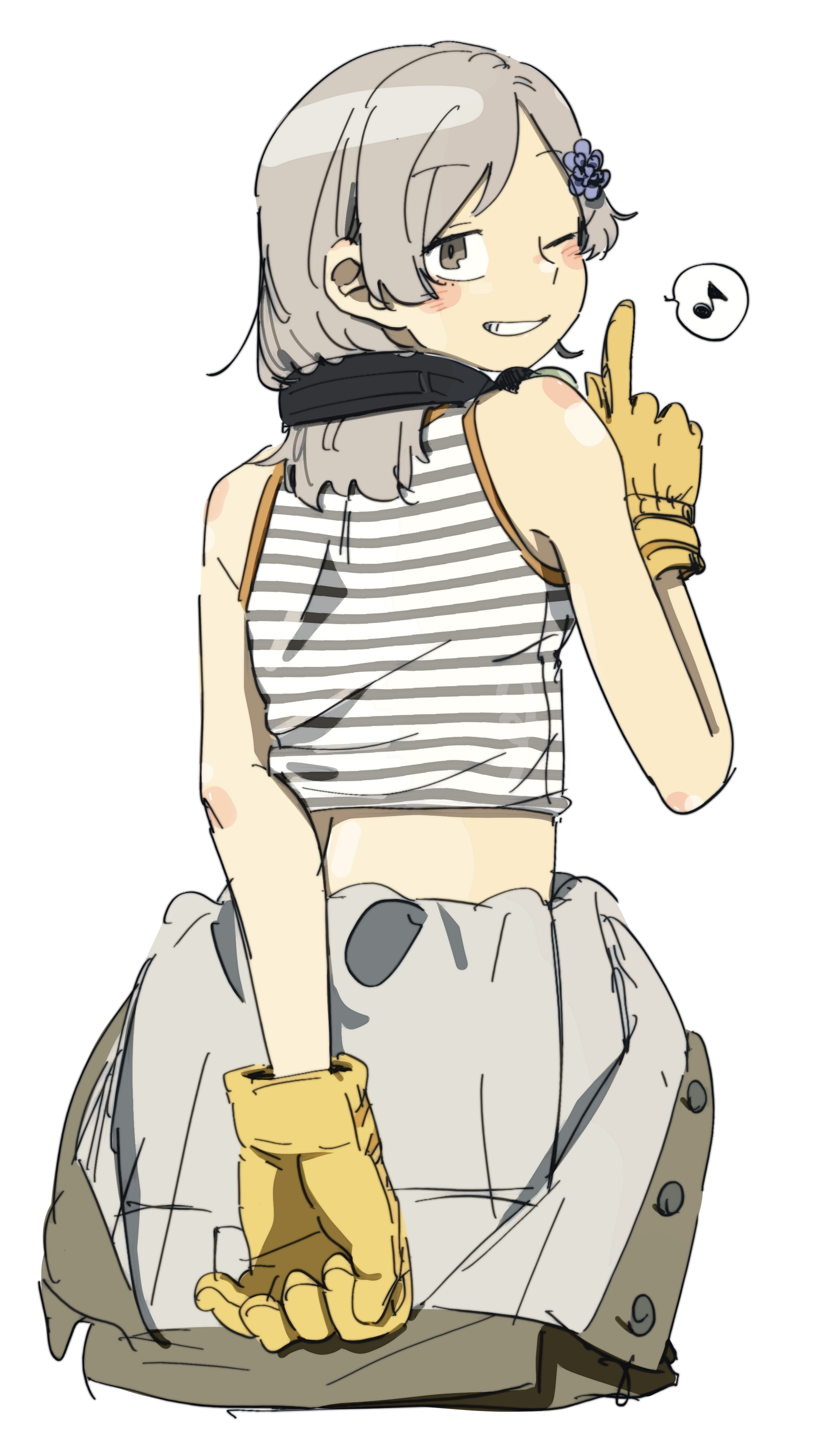 524ryo, sunny emmerich, metal gear (series), metal gear rising: revengeance, absurdres, commentary request, highres, 1girl, arm behind back, bare shoulders, blue flower, cropped legs, eighth note, finger to mouth, flower, from behind, gloves, grey eyes, grey shirt, grin, hair flower, hair ornament, looking at viewer, looking back, midriff, musical note, one eye closed, open jumpsuit, shirt, shushing, simple background, sleeveless, sleeveless shirt, smile, solo, spoken musical note, striped clothes, striped shirt, white background, yellow gloves