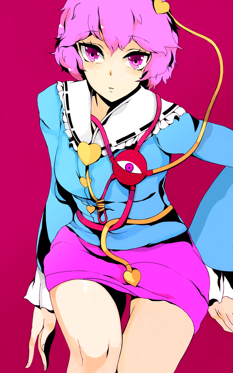 kakaaru, komeiji satori, touhou, bad id, bad pixiv id, 1girl, female focus, pink hair, simple background, skirt, solo, standing, thighs