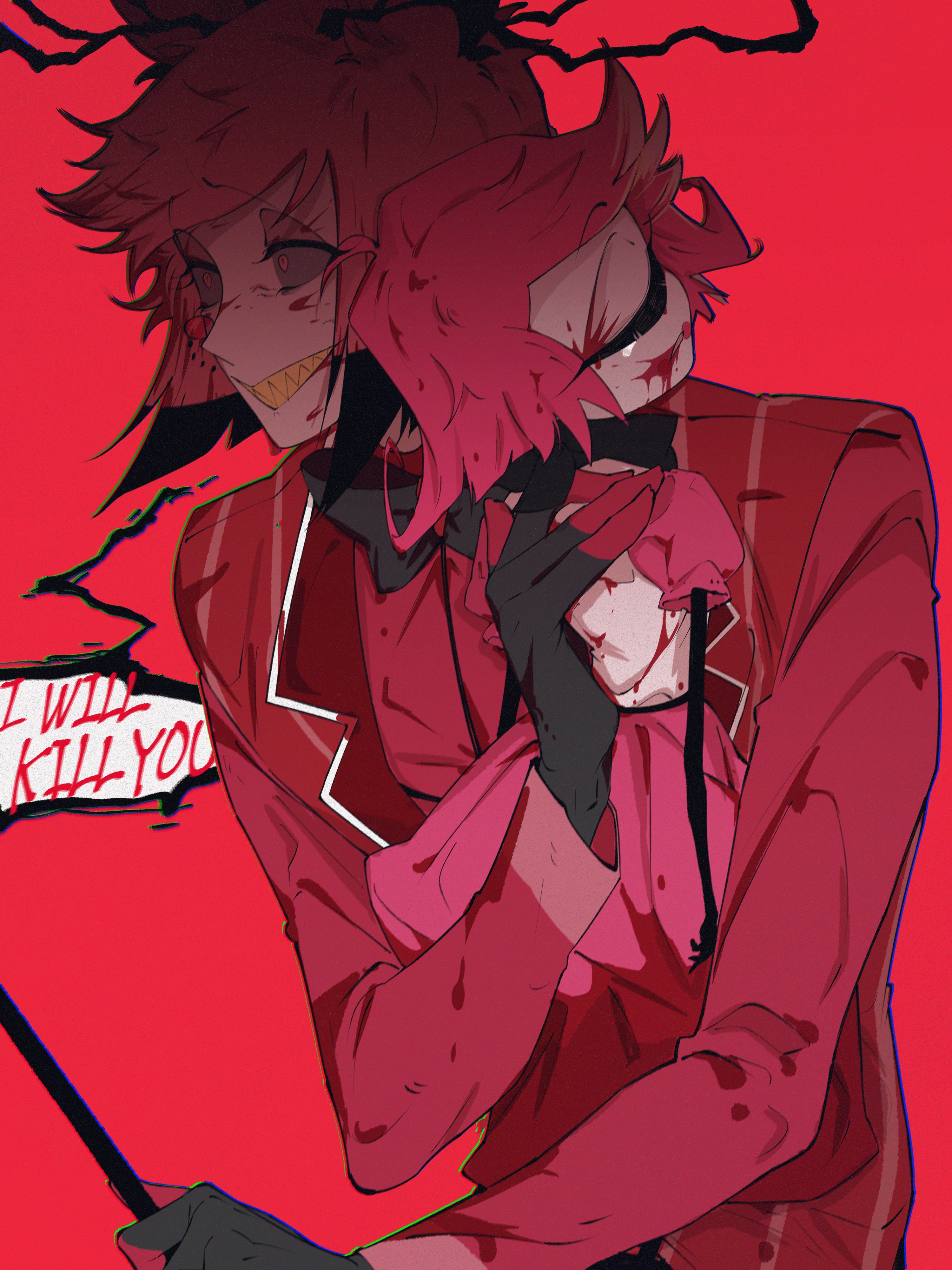 alastor (hazbin hotel), niffty (hazbin hotel), hazbin hotel, hellaverse, absurdres, highres, 1boy, 1girl, animal ears, antlers, black skin, blood, blood from mouth, closed eyes, colored sclera, colored skin, dress, english text, formal clothes, from side, grin, horns, monocle, one-eyed, ppo hzb, puffy short sleeves, puffy sleeves, red background, red dress, red eyes, red hair, red sclera, sharp teeth, shirt, short hair, short sleeves, simple background, smile, suit, teeth, white dress