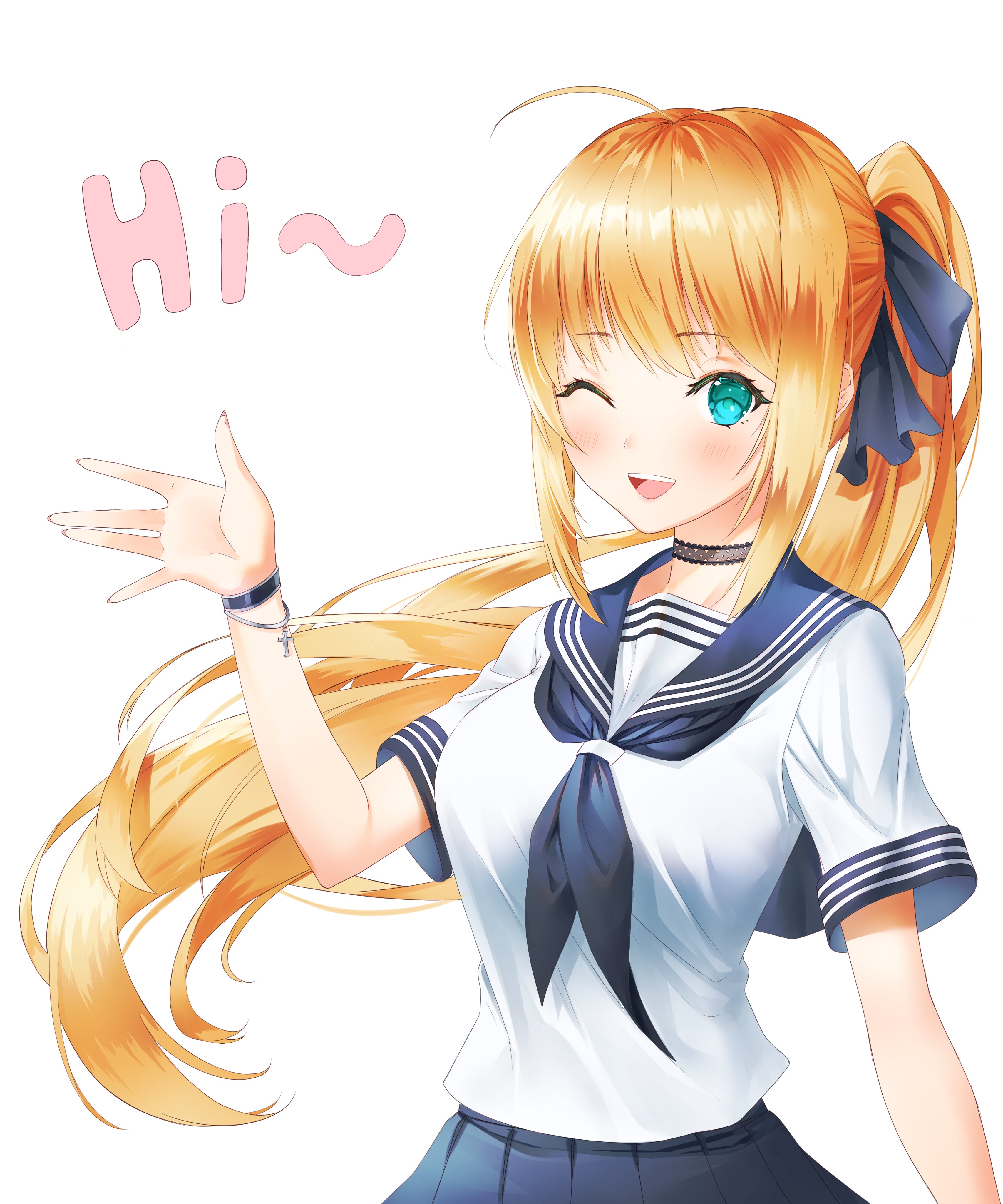 moon (restire), original, absurdres, commentary request, highres, korean commentary, 1girl, aqua eyes, arm at side, blonde hair, blue neckerchief, blue ribbon, blue sailor collar, blue skirt, blush, breasts, cowboy shot, english text, flower, hair ribbon, hand up, long hair, looking at viewer, neckerchief, one eye closed, open mouth, pleated skirt, ponytail, ribbon, sailor collar, school uniform, serafuku, shirt, short sleeves, sidelocks, simple background, skirt, smile, solo, white background, white shirt, wristband