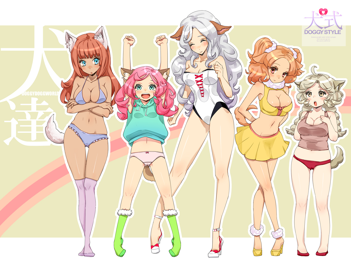 hitowa, original, silver hair, tall, 5girls, animal ears, aqua eyes, bikini, bikini top only, blue eyes, blush, breasts, brown eyes, brown hair, cleavage, closed eyes, corset, curvy, dog ears, grey eyes, halterneck, high heels, hip focus, large breasts, legs, midriff, multiple girls, orange eyes, orange hair, panties, petite, pink hair, red hair, shoes, skindentation, skirt, small breasts, socks, sweater, swimsuit, tail, tank top, thigh gap, thighhighs, twintails, underwear, wide hips