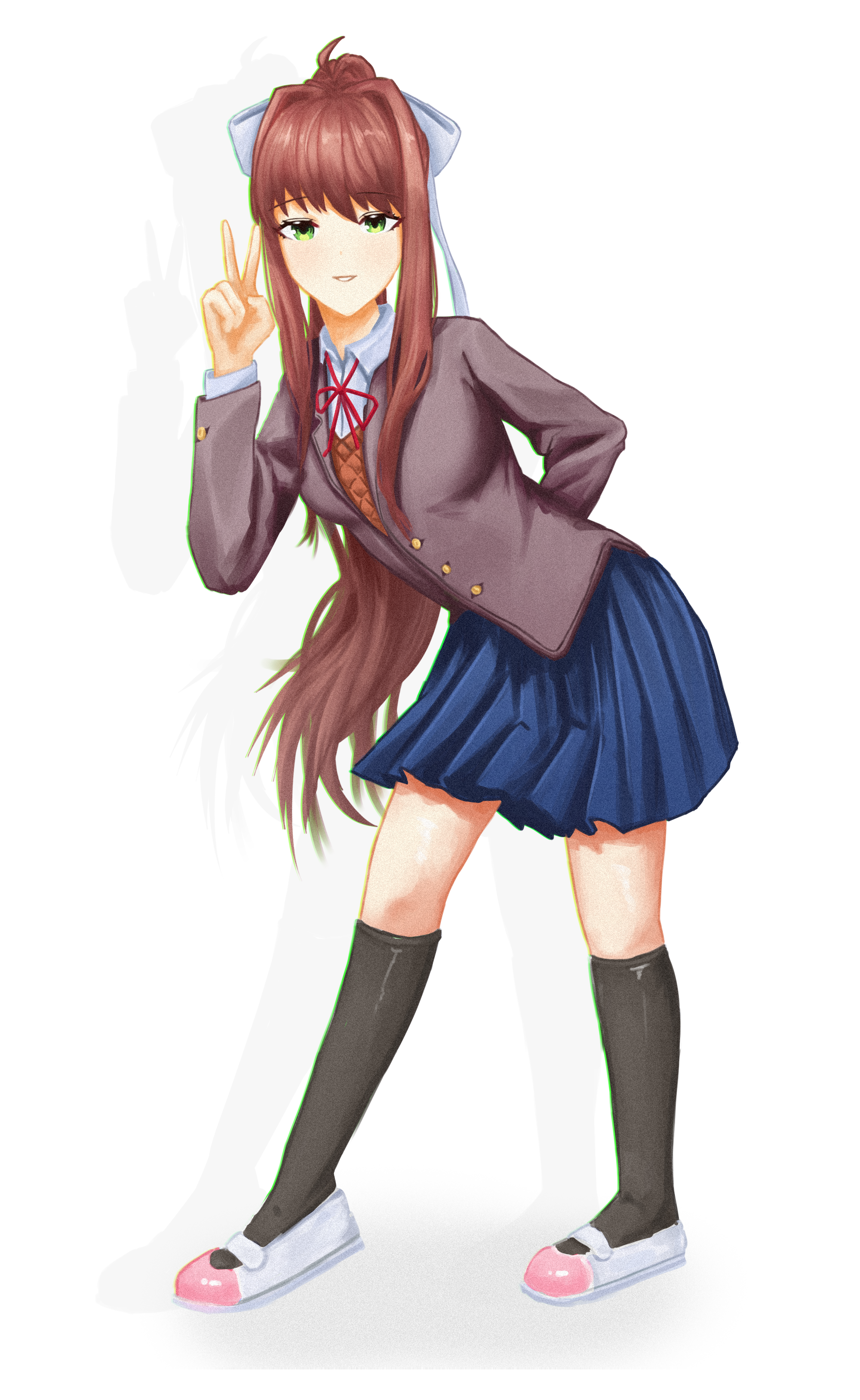 monika (doki doki literature club), doki doki literature club, hand behind back, 1girl, ahoge, apog, blazer, bow, brown hair, collared shirt, doki doki literature club school uniform, green eyes, hair bow, hair intakes, jacket, long hair, looking at viewer, parted lips, peace symbol, ponytail, ribbon, school uniform, shirt, shoes, simple background, smile, sweater, thighhighs, uwabaki, very long hair, zettai ryouiki