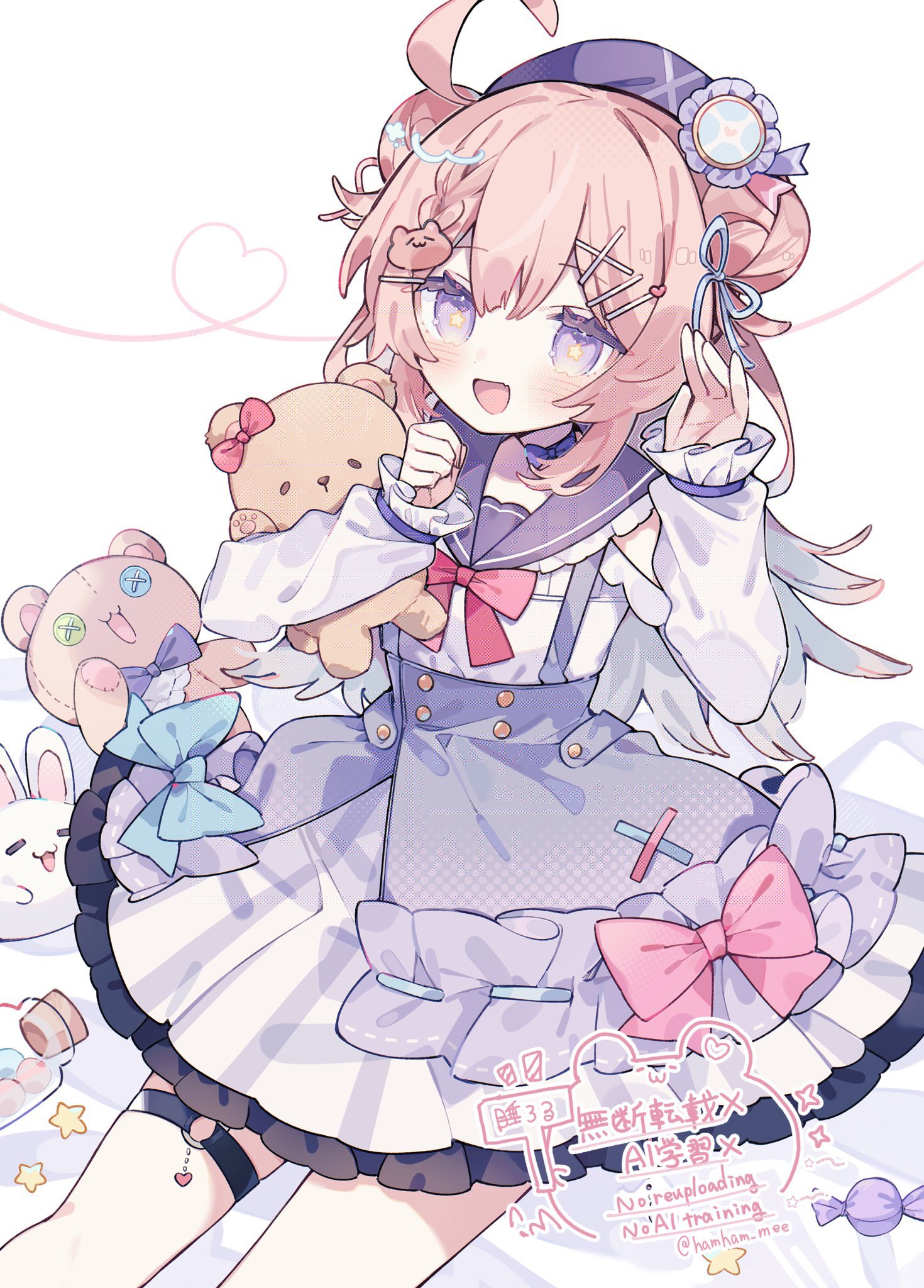 hisuiyasai, character request, copyright request, hashtag-only commentary, highres, 1girl, :d, ahoge, blush, bottle, bow, bow skirt, bowtie, candy, choker, cowboy shot, double-parted bangs, double bun, food, frilled sailor collar, frilled skirt, frills, hair bun, hair ornament, hairclip, long hair, long sleeves, looking at viewer, o-ring, o-ring thigh strap, open mouth, parallel hairclips, pink hair, purple eyes, purple sailor collar, purple skirt, red bow, red bowtie, sailor collar, shirt, simple background, skirt, smile, solo, star-shaped pupils, star (symbol), stuffed animal, stuffed toy, symbol-shaped pupils, teddy bear, thigh strap, twitter username, watermark, white background, white shirt, wrapped candy, x hair ornament