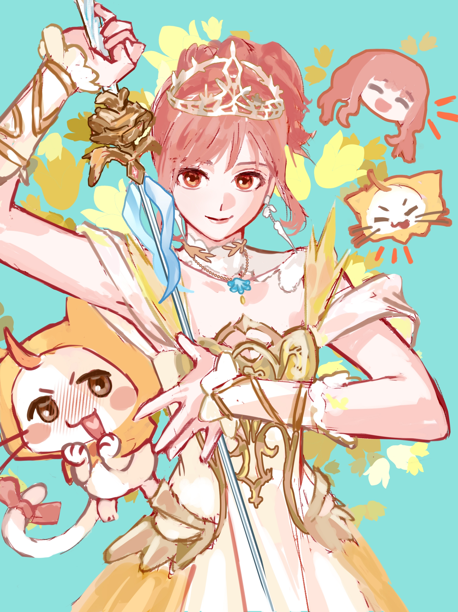 melody bloom (infinity nikki), momo (nikki), nikki (nikki), infinity nikki, nikki (series), absurdres, chinese commentary, commentary request, highres, 1girl, ^ ^, ahoge, animal, aqua background, armor, blush, blush stickers, bow, bowtie, breastplate, brown eyes, cat, cloak, closed eyes, closed mouth, clothed animal, collar, covered collarbone, cowboy shot, detached collar, dongfang ji yutang, dot nose, dress, ear covers, earrings, feather earrings, feathers, floral background, flower, frilled arm warmers, frilled dress, frills, gold tiara, hair bun, happy, head only, heart, heart in mouth, high collar, holding, holding sword, holding weapon, hood, hood up, hooded cloak, jewelry, lipstick, long hair, long sidelocks, looking at viewer, low twintails, makeup, multiple views, notice lines, off-shoulder dress, off shoulder, open mouth, pink hair, pink lips, rapier, red bow, red bowtie, short hair with long locks, short sleeves, sidelocks, single hair bun, smile, sword, tail, tail bow, tail ornament, tulip, twintails, updo, wavy hair, weapon, white arm warmers, white cat, white collar, white dress, yellow cloak, yellow flower