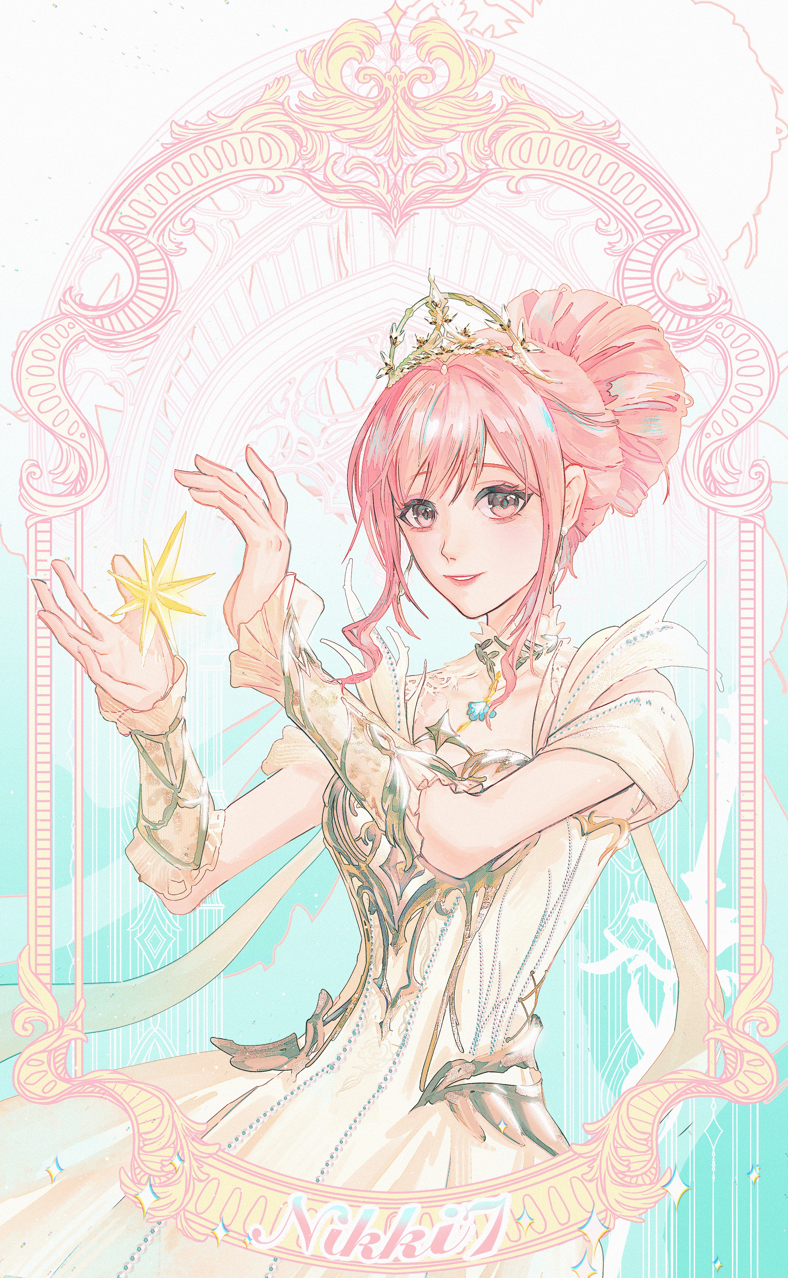 melody bloom (infinity nikki), nikki (nikki), infinity nikki, nikki (series), absurdres, chinese commentary, commentary request, highres, 1girl, aqua background, armor, bare shoulders, breastplate, brown eyes, character name, clothing cutout, collar, cowboy shot, detached collar, dress, earrings, feather earrings, feathers, frilled arm warmers, gold tiara, gradient background, guguji455, hair bun, happy, hexagram, high collar, jewelry, lace collar, light blush, lipstick, makeup, object floating above hand, parted lips, picture frame, pink hair, pink lips, pleated dress, short hair with long locks, short sleeves, shoulder cutout, sidelocks, single hair bun, smile, solo, sparkle, standing, two-tone background, updo, wavy hair, white arm warmers, white background, white collar, white dress