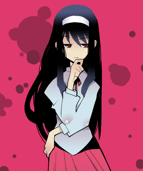 dowman sayman, tohno akiha, tsukihime, type-moon, 00s, 1girl, black hair, female focus, long hair, red eyes, red skirt, skirt, solo