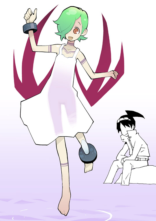 dowman sayman, nina (breath of fire v), ryu (breath of fire v), breath of fire, breath of fire v, 1boy, 1girl, barefoot, brown eyes, dress, green hair, hair over one eye, see-through silhouette, short hair