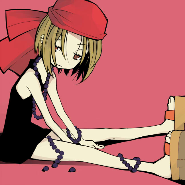 dowman sayman, kyouyama anna, shaman king, 1girl, bandana, beads, blonde hair, brown eyes, brown hair, dress, female focus, jewelry, necklace, sandals, short hair, simple background, solo