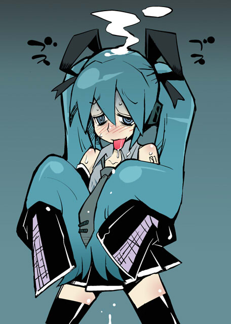 dowman sayman, hatsune miku, vocaloid, 1girl, aqua eyes, aqua hair, blush, detached sleeves, female focus, gradient background, headphones, long hair, saliva, skirt, solo, thighhighs, tongue, twintails, very long hair, zettai ryouiki