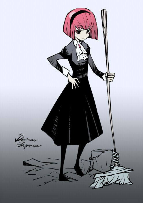 dowman sayman, r dorothy wayneright, the big o, 1girl, android, ascot, bob cut, bucket, dress, female focus, frills, hairband, hand on own hip, hip focus, mop, pale skin, pantyhose, pink hair, red hair, short hair, solo