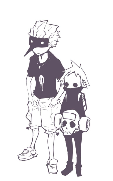 dowman sayman, ebisu (dorohedoro), fujita (dorohedoro), dorohedoro, 1boy, 1girl, belt, eye mask, hands in pockets, mask, monochrome, short hair, simple background, skull, skull mask, standing, turtleneck, white background