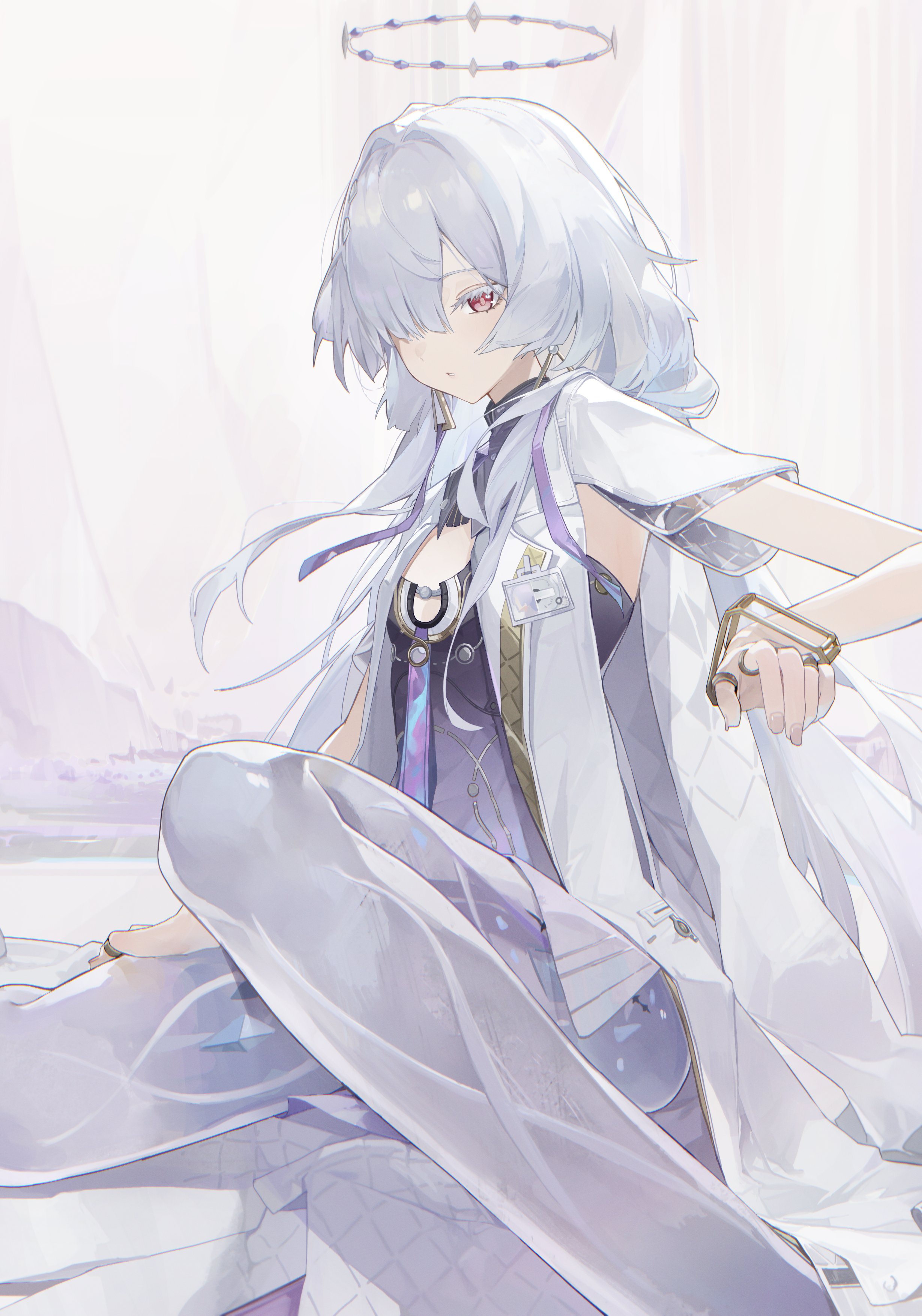 megu (jim48834420), mornye (wuthering waves), wuthering waves, absurdres, commentary, highres, 1girl, breasts, colored eyelashes, dress, earrings, fingernails, grey hair, hair intakes, hair over one eye, halo, id card, jacket, jewelry, long hair, looking at viewer, purple dress, red eyes, red pupils, see-through body, sitting, small breasts, solo, tacet mark (wuthering waves), triangle earrings, very long hair, white jacket