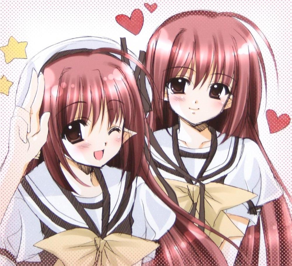 nishimata aoi, kikyou (shuffle), lisianthus, shuffle!, 00s, 2girls, blush, brown eyes, dual persona, heart, long hair, multiple girls, one eye closed, open mouth, pointy ears, school uniform, siblings, sisters, star (symbol), wink