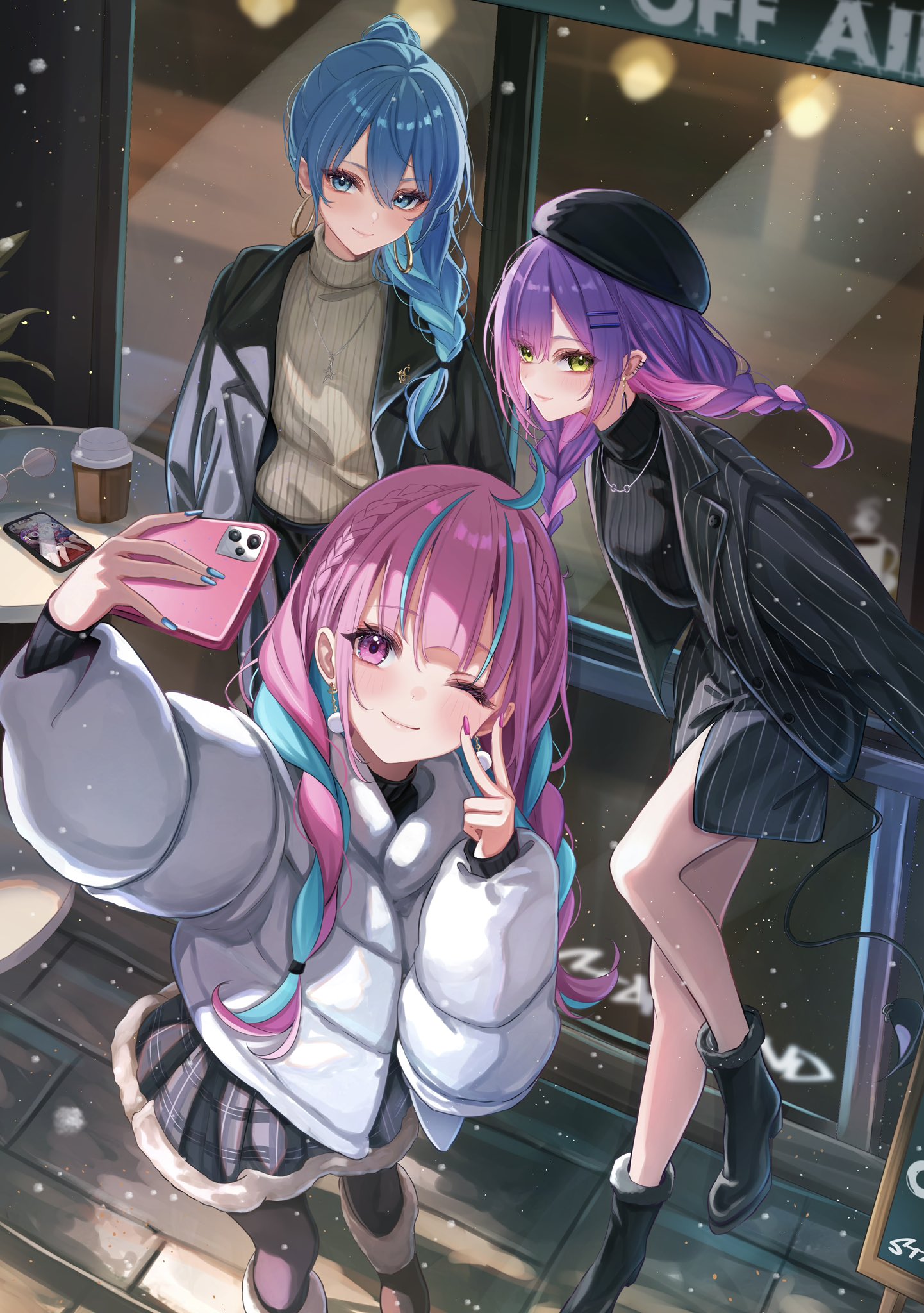 sa-ya2, hoshimachi suisei, minato aqua, tokoyami towa, hololive, commentary, english commentary, highres, 3girls, ;), ahoge, alternate costume, alternate hairstyle, aqua hair, beret, black bow, black hat, black jacket, black pantyhose, black skirt, black sweater, blue eyes, blue hair, boots, bow, braid, braided ponytail, brown boots, closed mouth, colored inner hair, day, demon girl, demon tail, double-parted bangs, earrings, fur-trimmed boots, fur-trimmed skirt, fur trim, green eyes, grey skirt, hair between eyes, hair ornament, hairclip, half crown braid, hat, hoop earrings, jacket, jewelry, lapels, long hair, looking at penis, low twin braids, miniskirt, multicolored hair, multiple girls, notched lapels, one eye closed, outdoors, pantyhose, parallel hairclips, piercing, pink hair, pinstripe jacket, pinstripe pattern, pinstripe skirt, plaid clothes, plaid skirt, pointy ears, pom pom (clothes), pom pom earrings, purple eyes, purple hair, reaching, reaching towards viewer, ribbed sweater, selfie, skirt, smile, star (symbol), star in eye, startend (hololive), streaked hair, sweater, symbol in eye, tail, tail ornament, tail piercing, turtleneck, turtleneck sweater, twin braids, two-tone hair, v, virtual youtuber, white jacket, white sweater