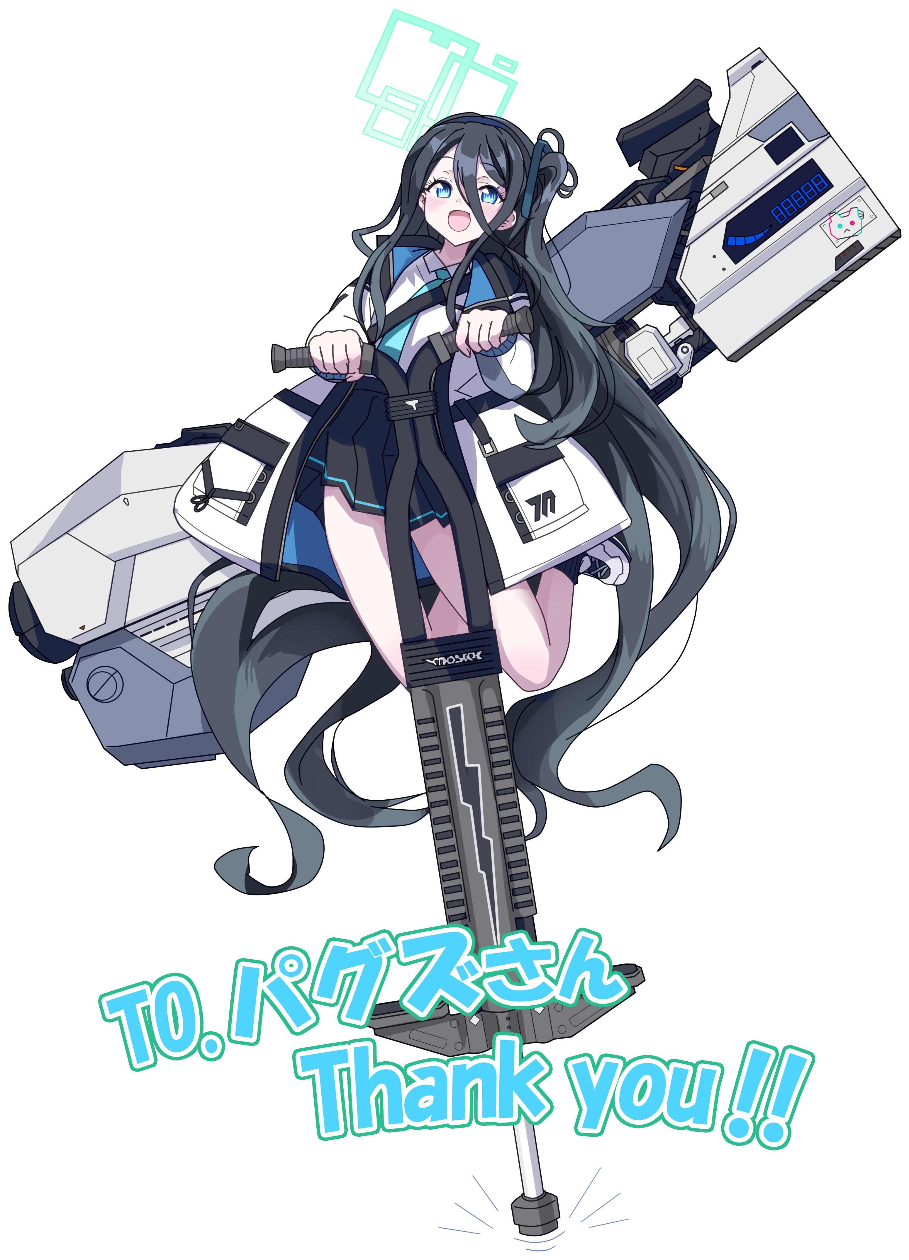 guchurimu genrishugi, aris (blue archive), blue archive, absurdres, highres, 1girl, black hair, blush, full body, hair between eyes, hair ornament, hairband, halo, jacket, long hair, looking at viewer, necktie, open mouth, pogo stick, railgun, school uniform, simple background, solo, thighs, weapon, white background