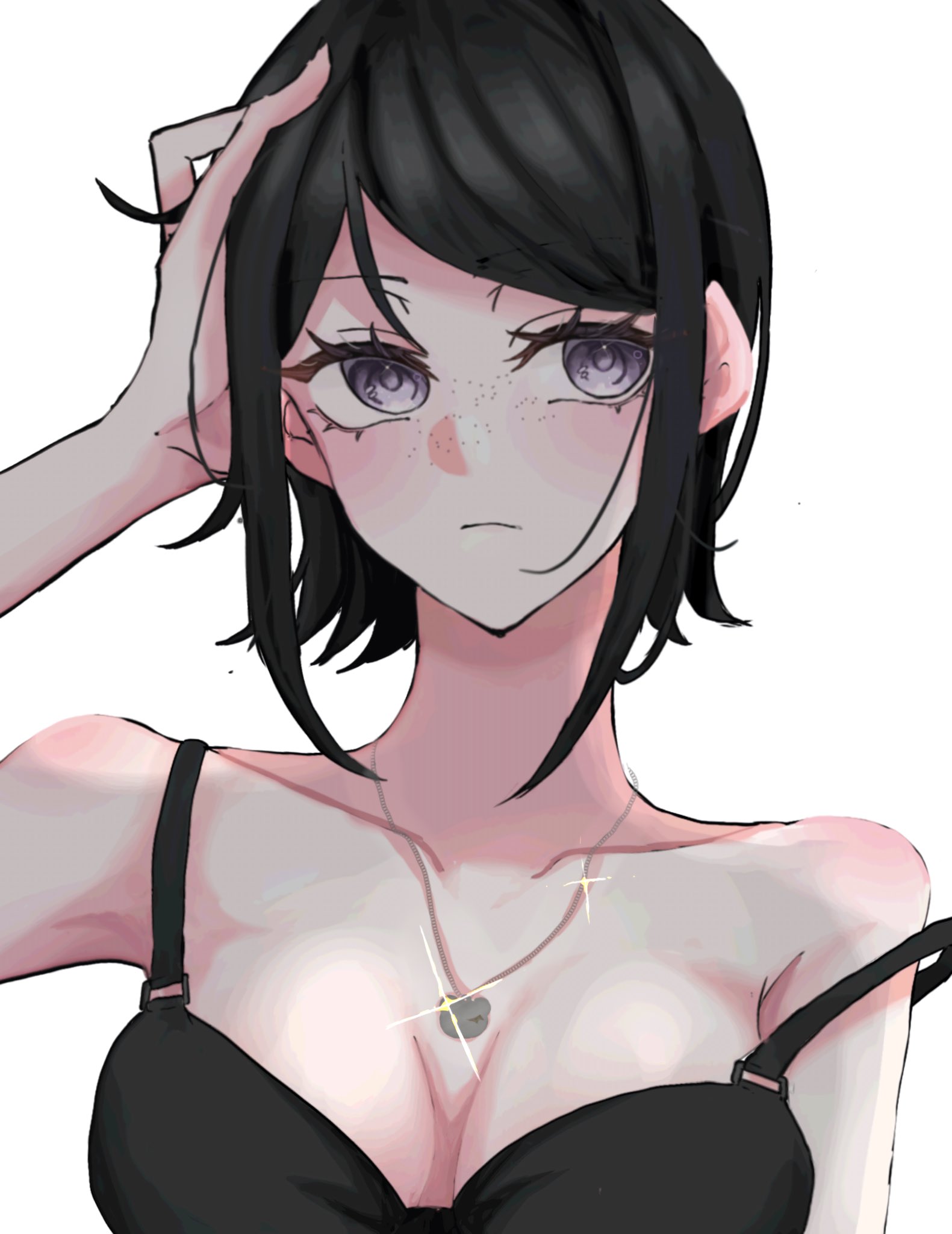ikusaba mukuro, danganronpa: trigger happy havoc, danganronpa (series), highres, 1girl, bare shoulders, black hair, closed mouth, collarbone, dan ziye lei, freckles, grey eyes, hand up, jewelry, necklace, shiny skin, shirt, short hair, simple background, solo, white background