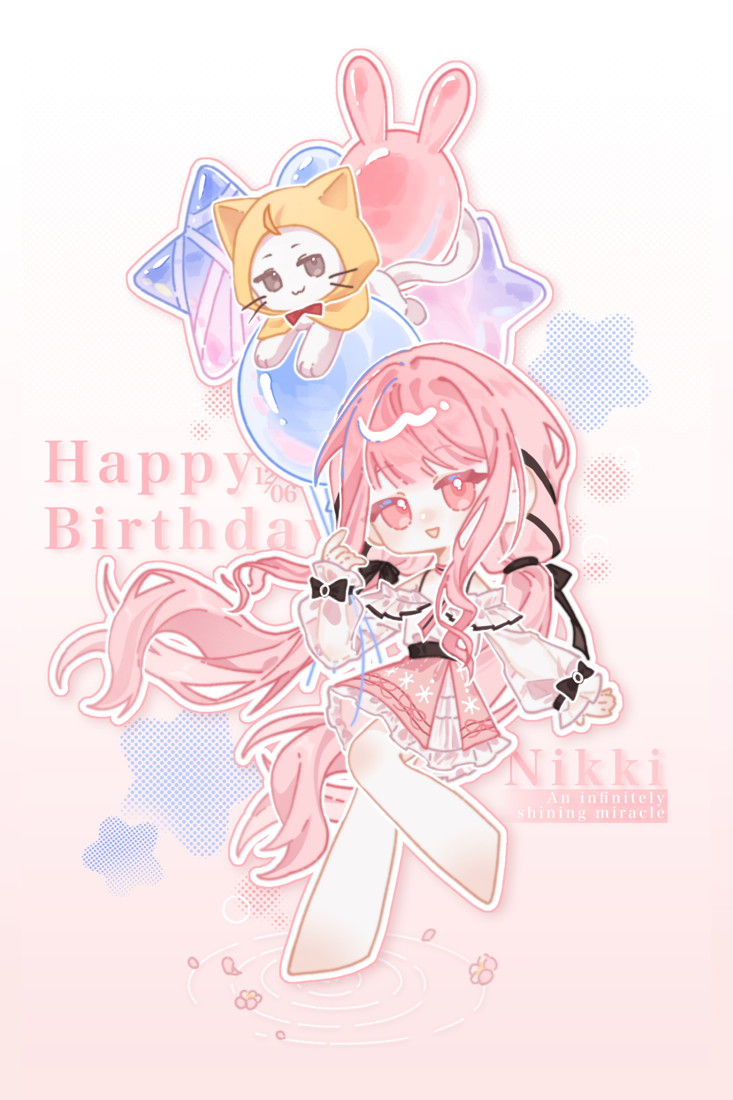 momo (nikki), nikki (nikki), perfect start (infinity nikki), whimstar (infinity nikki), infinity nikki, nikki (series), chinese commentary, commentary request, highres, ahoge, balloon, bare legs, barefoot, belt, black belt, black bow, black ribbon, bow, bow choker, bowtie, bra strap, brown eyes, character name, choker, cloak, closed mouth, ear covers, english text, floating hair, flower, frilled shirt, frilled skirt, frilled sleeves, frills, gradient background, hair bow, hair ribbon, happy, happy birthday, holding, holding balloon, hood, hood up, hooded cloak, knees, layered skirt, light blush, long hair, long sidelocks, long sleeves, low twintails, medium skirt, off-shoulder shirt, off shoulder, open mouth, outline, petals, pink background, pink bow, pink bowtie, pink choker, pink eyes, pink flower, pink hair, pink skirt, pleated skirt, print skirt, puffy long sleeves, puffy sleeves, rabbit balloon, red bow, red bowtie, ribbon, ripples, shirt, sidelocks, single stripe, skirt, sleeve bow, smile, snowflake print, star balloon, striped bow, striped bowtie, striped choker, striped clothes, traditional bowtie, tress ribbon, twintails, two-tone background, very long hair, wavy hair, whiskers, white background, white outline, white shirt, white skirt, yarn, yellow cloak, yuer changzui