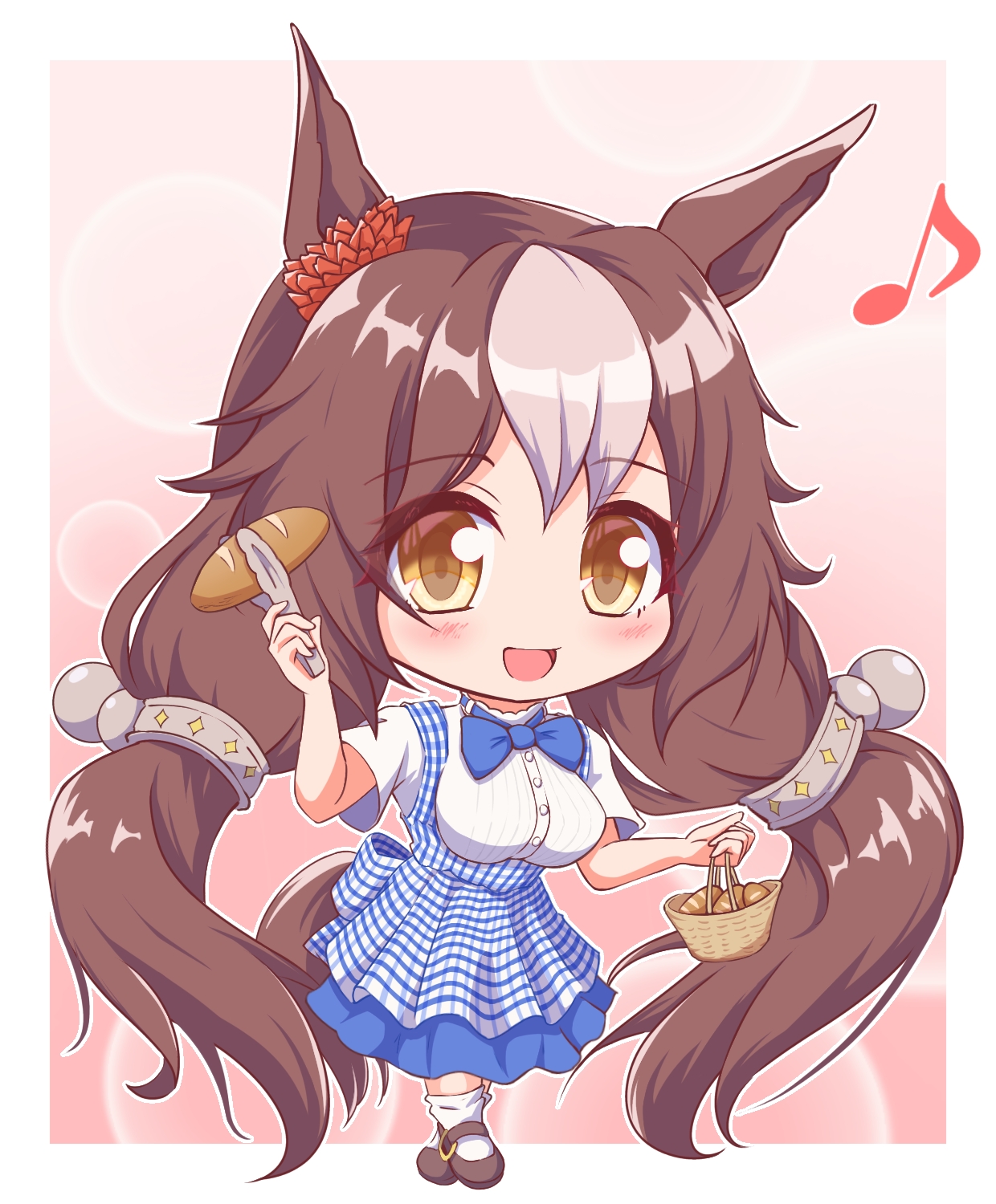 mokichi3356, yamanin zephyr (umamusume), umamusume, commentary request, highres, 1girl, animal ears, basket, blue dress, blush, bread, breasts, brown eyes, brown hair, chibi, chibi only, dress, ear scrunchie, food, hair between eyes, hair ornament, holding, holding basket, holding tongs, horse ears, horse girl, horse tail, long hair, looking at viewer, low twintails, multicolored hair, musical note, open mouth, red scrunchie, scrunchie, shoes, short sleeves, smile, socks, solo, tail, tongs, twintails, white dress, white hair, white socks