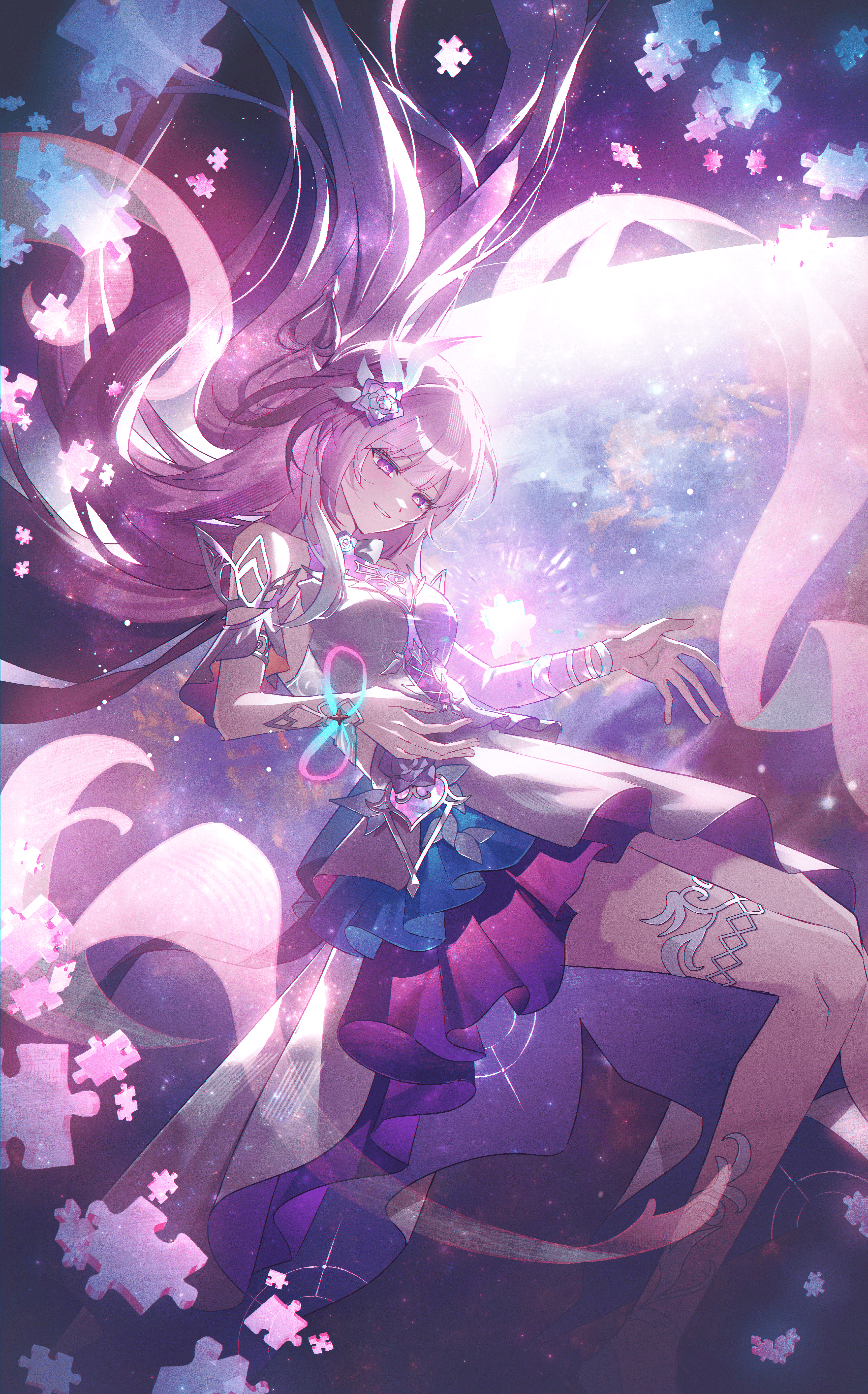 mei (tn9043), cyrene (honkai: star rail), honkai: star rail, honkai (series), absurdres, commentary request, highres, 1girl, blush, dress, feet out of frame, floating hair, flower, hair between eyes, hair flower, hair ornament, long hair, pink eyes, pink flower, pink hair, puzzle piece, ribbon, sleeveless, sleeveless dress, smile, solo, very long hair, white dress, wrist ribbon