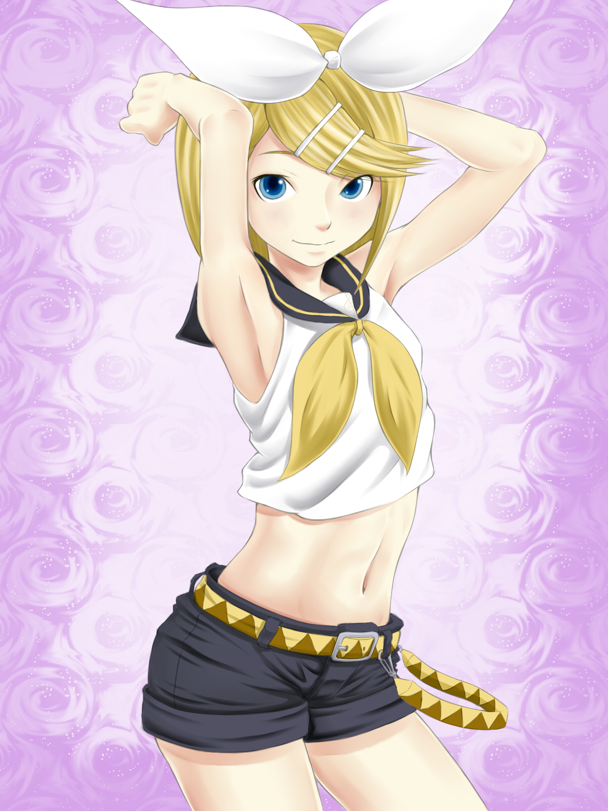 sei15, kagamine rin, vocaloid, highres, 1girl, armpits, arms up, belt, blonde hair, blue eyes, bow, crop top, female focus, flat chest, flower, gradient background, hair bow, hair ornament, hairclip, looking at viewer, midriff, navel, necktie, parted bangs, rose, school uniform, serafuku, shirt, short shorts, shorts, sleeveless, sleeveless shirt, smile, solo, standing, swept bangs