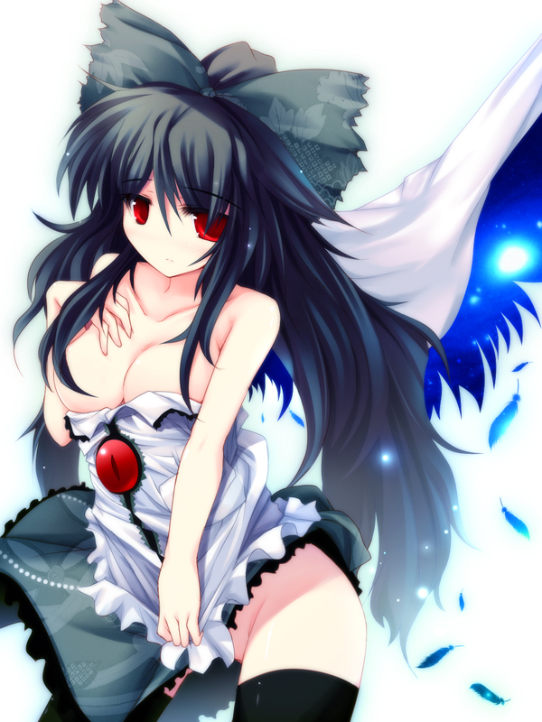 ai takurou, reiuji utsuho, touhou, 1girl, bare shoulders, black hair, bow, breasts, cleavage, feathers, female focus, hair bow, hair censor, hair over breasts, large breasts, long hair, looking at viewer, no nose, no panties, ponytail, red eyes, shy, skirt, skirt tug, solo, thighhighs, undressing, wings