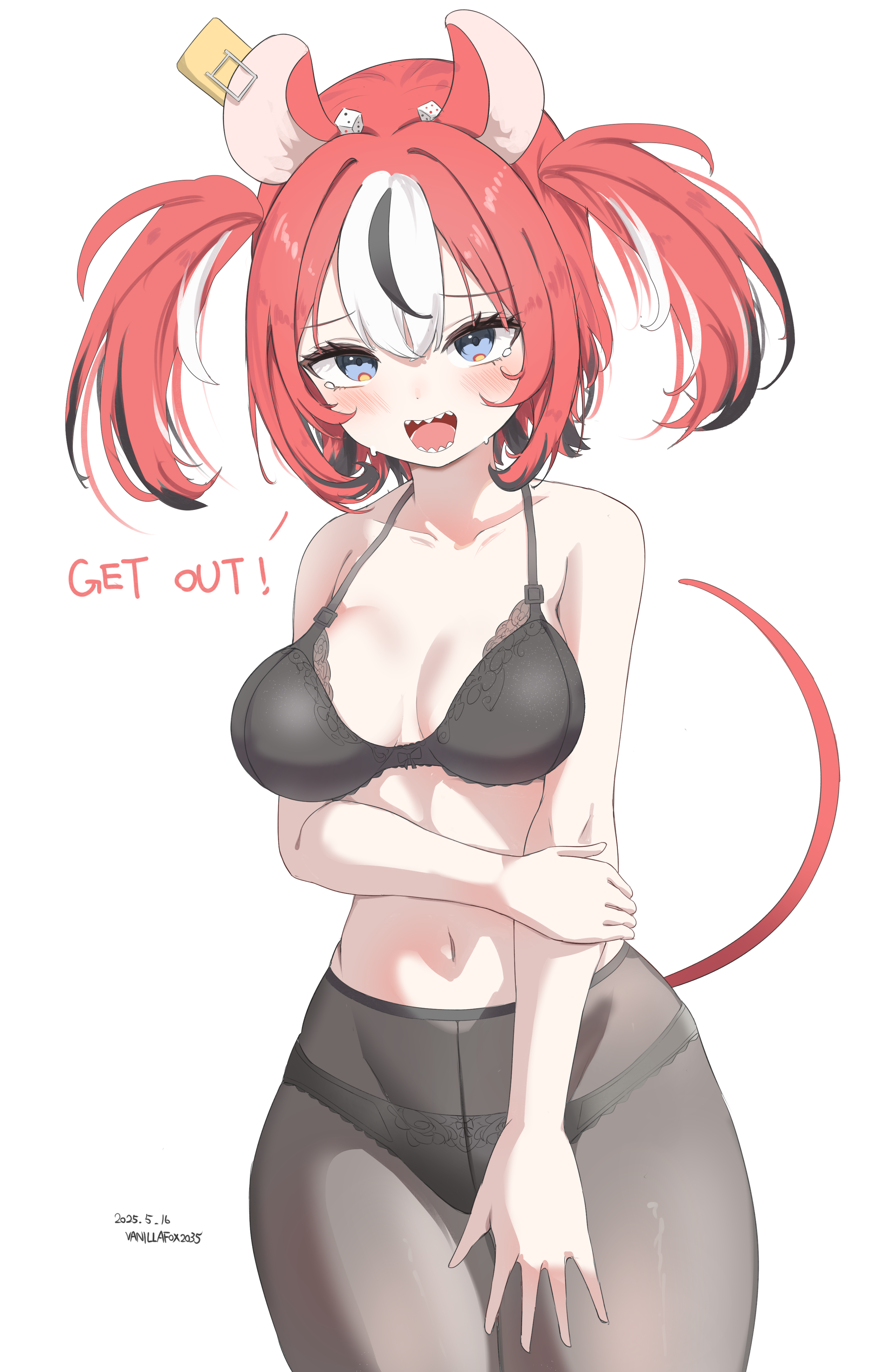 vanillafox2035, hakos baelz, hololive, hololive english, absurdres, commentary, highres, 1girl, animal ears, artist name, black bra, black hair, black panties, black pantyhose, blush, bra, breasts, collarbone, dice, dice hair ornament, english text, hair ornament, hand on own arm, lace, lace bra, lace panties, mouse ears, mouse tail, mousetrap, multicolored hair, navel, open mouth, panties, pantyhose, red hair, shouting, sweat, tail, tearing up, thighs, timestamp, twintails, underwear, uneven twintails, white background, white hair