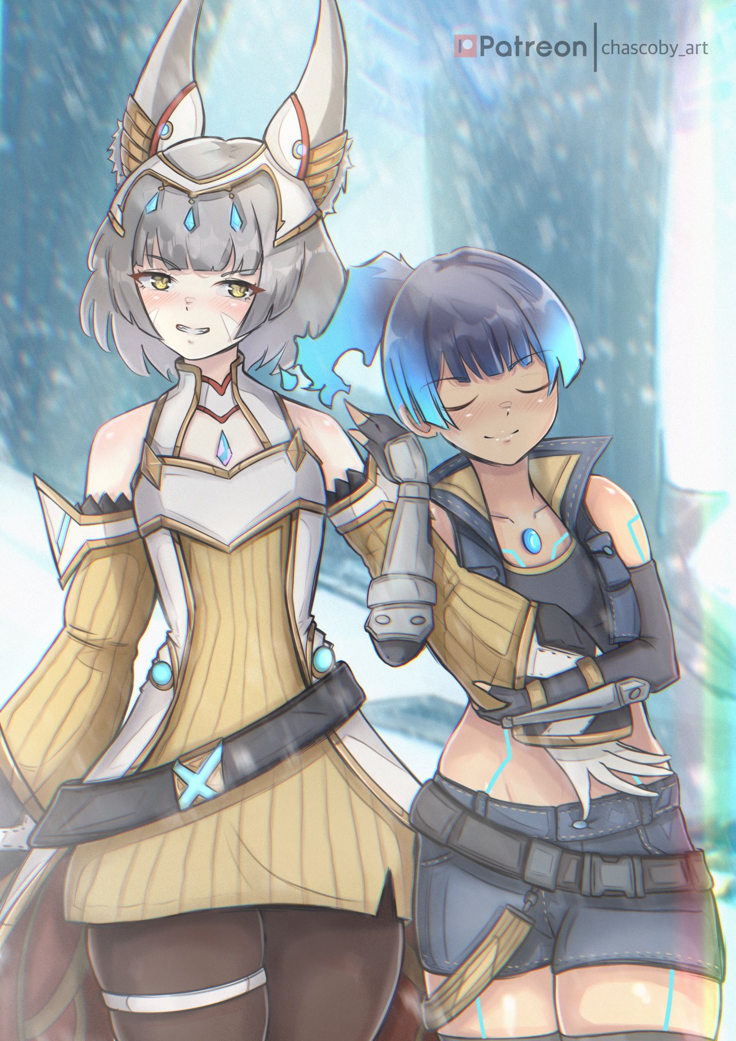 chascoby, nia (xenoblade), sena (xenoblade), xenoblade chronicles (series), xenoblade chronicles 3, 2girls, animal ears, bare shoulders, blue hair, blush, cat ears, cat girl, closed eyes, crop top, cropped jacket, dark-skinned female, dark skin, detached sleeves, fingerless gloves, gloves, grey hair, medium hair, multiple girls, short hair, shorts, side ponytail, snow, thigh strap, wide sleeves