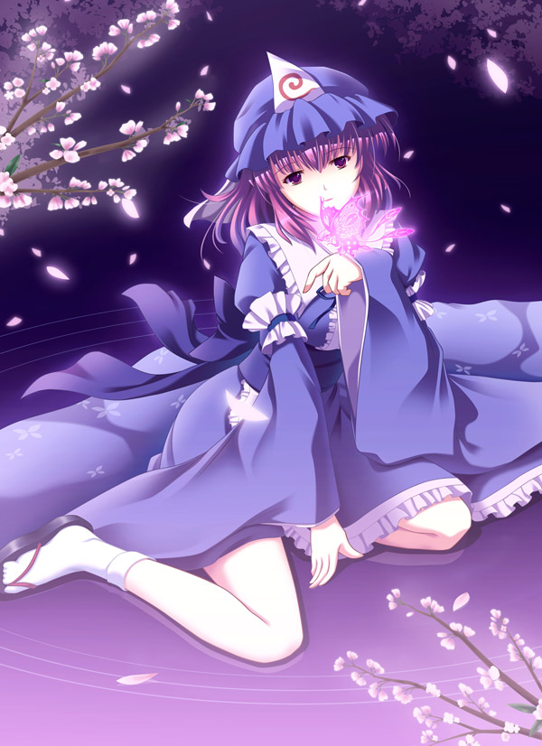 eien, nagatsuki towa, saigyouji yuyuko, touhou, bad id, bad pixiv id, 1girl, bug, butterfly, cherry blossoms, female focus, hat, japanese clothes, petals, pink eyes, pink hair, sandals, short hair, sitting, solo