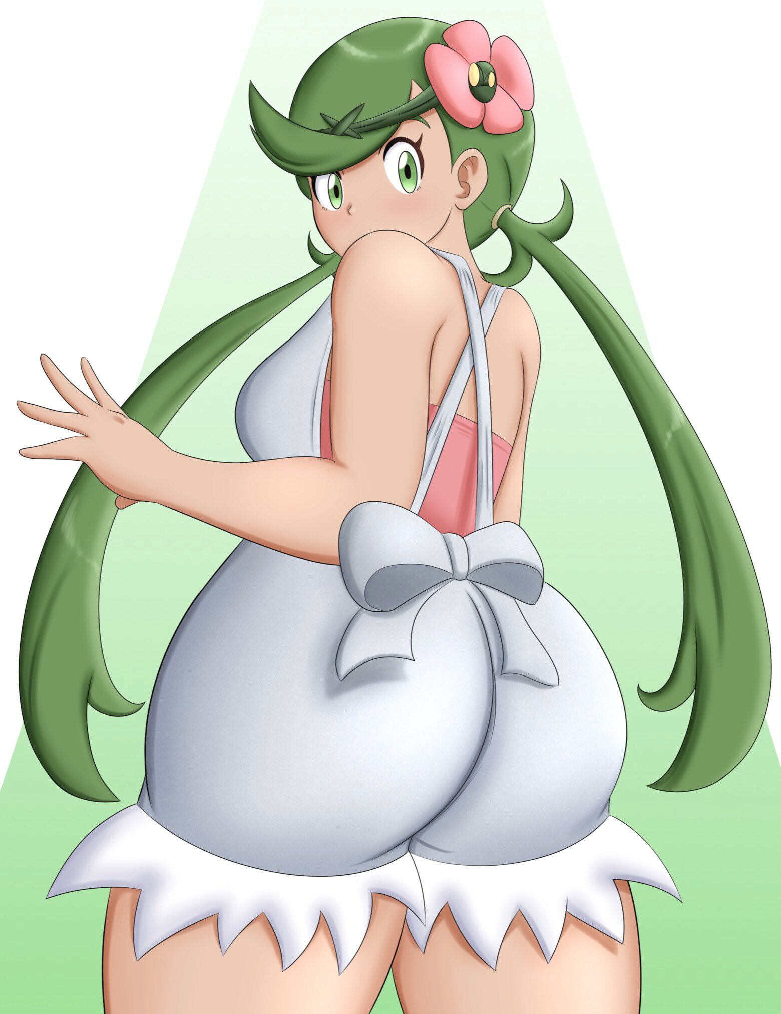 kiteman442, mallow (pokemon), nintendo, pokemon, pokemon sm, 1girl, ass, ass focus, bare shoulders, blush, breasts, dark-skinned female, dark skin, flower, from behind, green eyes, grey hair, hair flower, hair ornament, huge ass, large breasts, long hair, overall shorts, overalls, sleeveless, twintails, very long hair