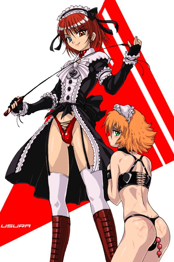 usura, 1boy, anal beads, blue eyes, crossdressing, crossdressing (mtf), dress, green eyes, heterochromia, male focus, masochism, panties, riding crop, sex toy, shota, solo, thong, trap, underwear, whip marks