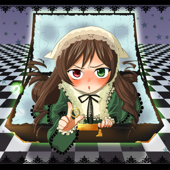 asami, suiseiseki, rozen maiden, 00s, 1girl, :o, angry, blush, bow, box, brown hair, checkered floor, dress, drill hair, female focus, floor, frills, from above, gift, green eyes, hat, headscarf, heterochromia, holding, holding gift, in box, in container, jewelry, lace, letterboxed, lolita fashion, long hair, looking at viewer, open mouth, red eyes, ring, solo, star (symbol), treasure chest, vanishing point, very long hair, yellow headscarf