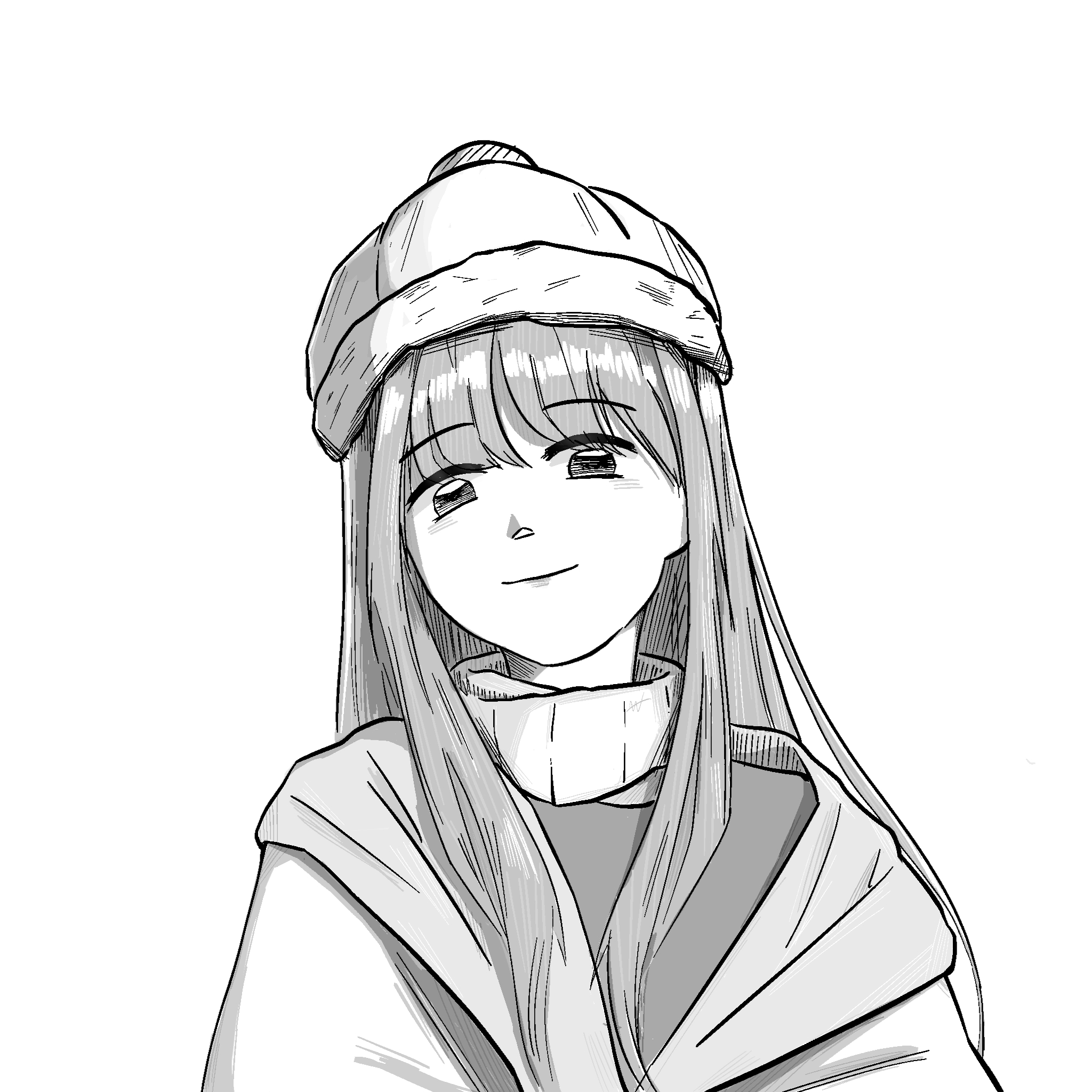 nikki (nikki), infinity nikki, nikki (series), chinese commentary, commentary request, highres, 1girl, beanie, blunt bangs, closed mouth, fur-trimmed headwear, fur trim, halftone, happy, hat, jacket, lips, long hair, long sidelocks, long sleeves, looking at viewer, pom pom (clothes), pom pom beanie, puffy long sleeves, puffy sleeves, scarf, shirt, sidelocks, simple background, smile, solo, upper body, very long hair, w469826925, white background