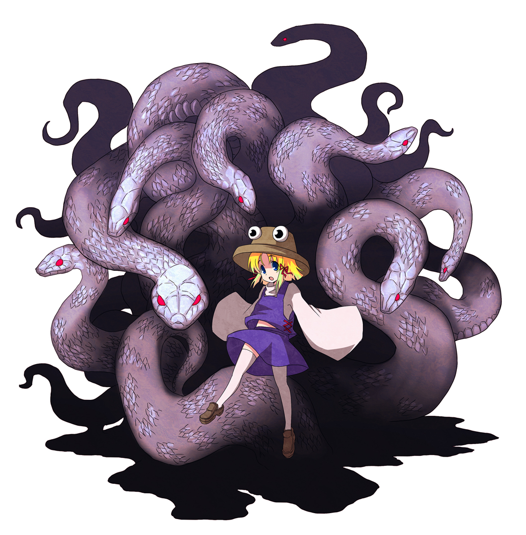 n (ruff), mishaguji, moriya suwako, touhou, blonde hair, blue eyes, hat, monster, snake, solo, thighhighs