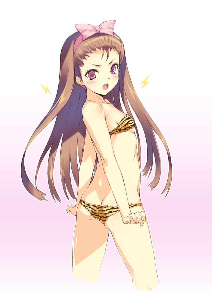 kawata hisashi, lum, minase iori, idolmaster, idolmaster (classic), urusei yatsura, highres, 1girl, angry, animal print, ass, bikini, breasts, brown hair, butt crack, cosplay, fang, female focus, from behind, hair ribbon, long hair, looking back, lum (cosplay), open mouth, ribbon, small breasts, solo, swimsuit, tiger print