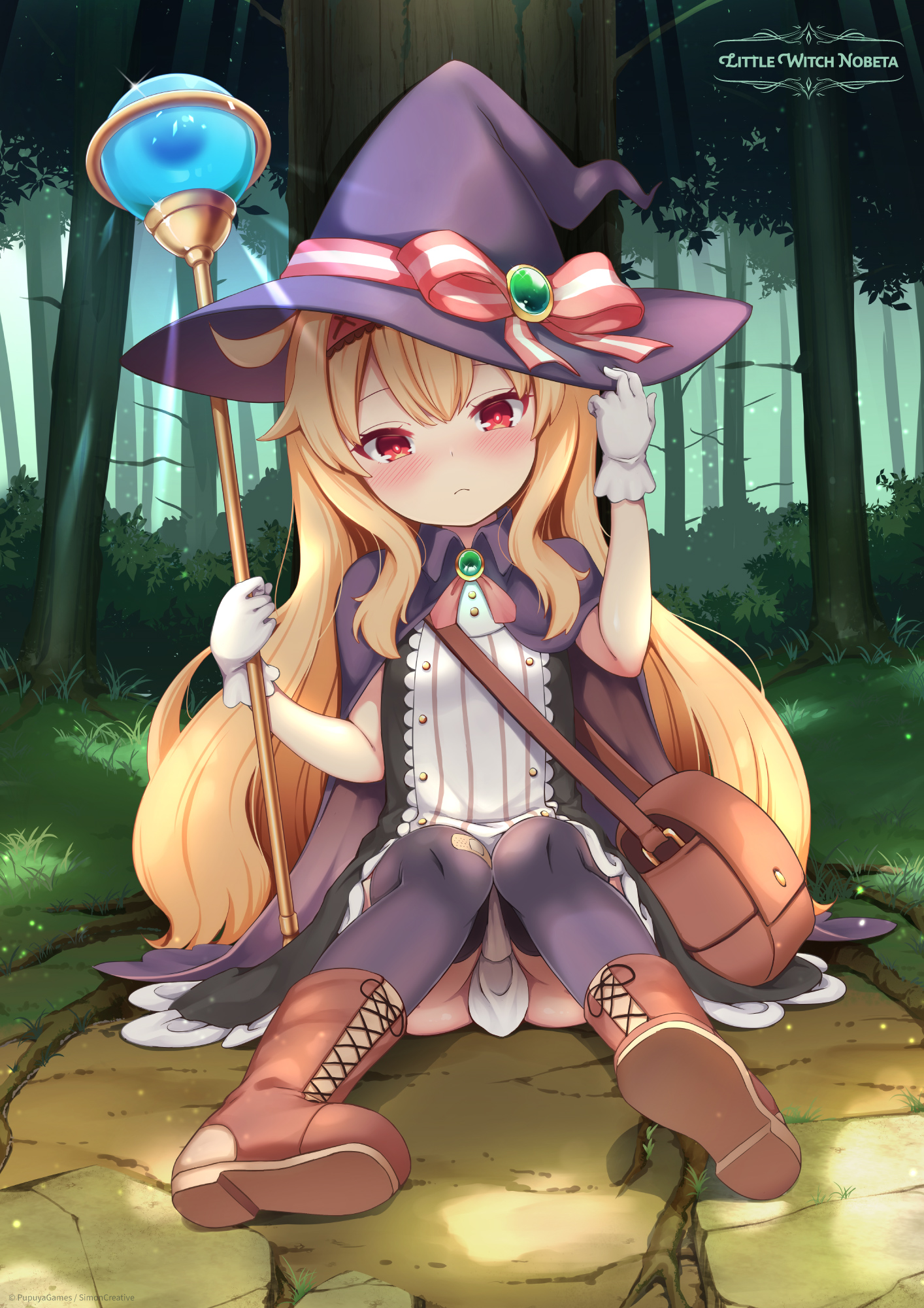 little witch nobeta, artist request, highres, official art, second-party source, 1girl, ahoge, arm up, black cloak, black dress, black hat, black thighhighs, blonde hair, boots, brown boots, cloak, convenient censoring, dress, forest, gem, gloves, hairband, hand on headwear, hat, hat ribbon, long hair, looking at viewer, nature, on floor, outdoors, red eyes, ribbon, sitting, solo, thighhighs, thighs, tree, two-tone dress, wand, white dress, white gloves, witch hat