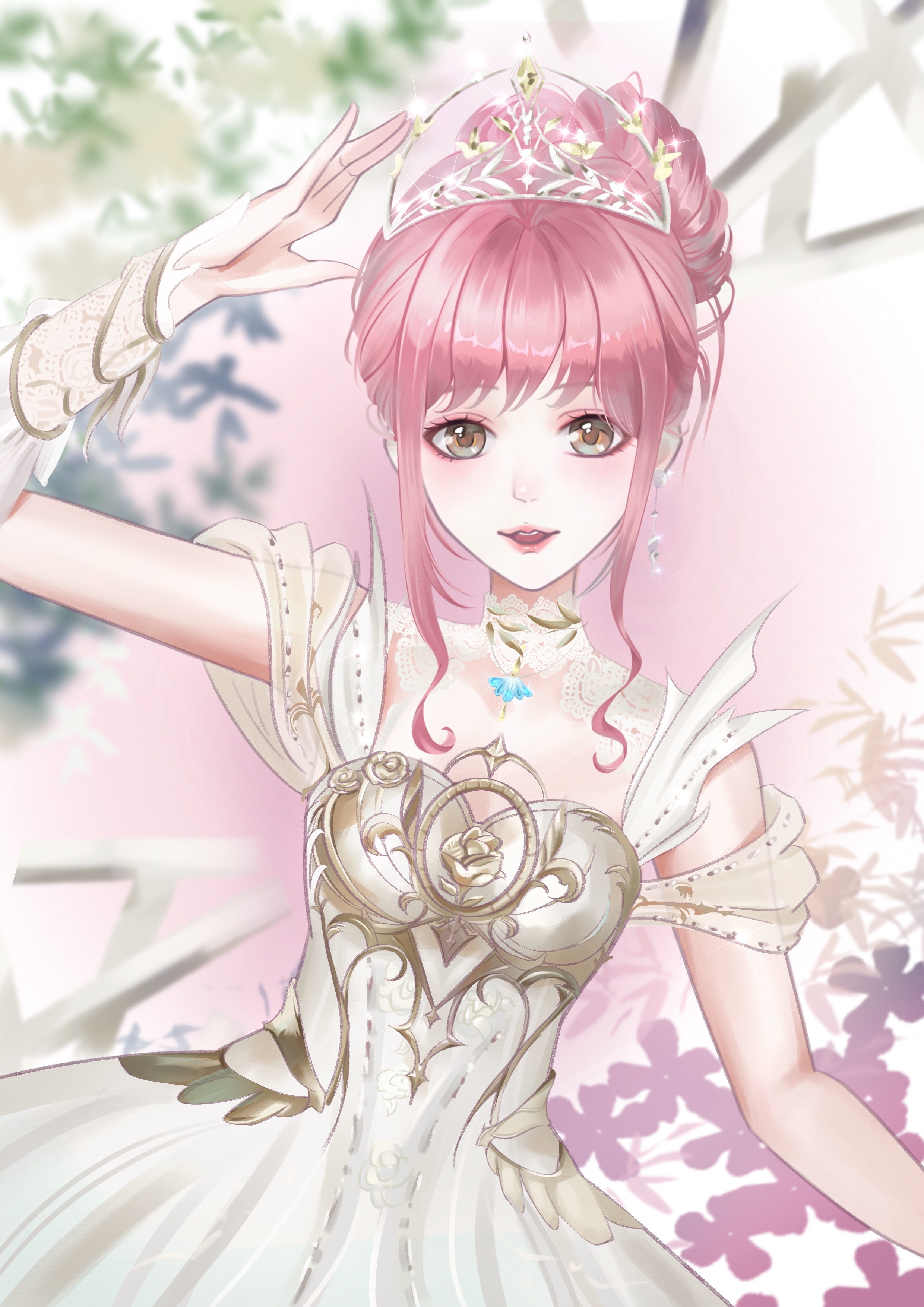 melody bloom (infinity nikki), nikki (nikki), infinity nikki, nikki (series), absurdres, chinese commentary, commentary, commentary request, english commentary, highres, mixed-language commentary, 1girl, armor, bare shoulders, breastplate, breasts, brown eyes, cleavage, collar, collarbone, cowboy shot, detached collar, dress, earrings, eyelashes, eyeshadow, feather-trimmed sleeves, feather earrings, feathers, floral background, frilled arm warmers, hair bun, hand on own head, happy, high collar, jewelry, lace arm warmers, lace collar, light blush, lipstick, makeup, nostrils, off-shoulder dress, off shoulder, open mouth, pink background, pink eyeshadow, pink hair, pink lips, pleated sleeves, see-through clothes, see-through sleeves, short hair with long locks, short sleeves, sidelocks, single hair bun, smile, solo, standing, tangyuzi97062, teeth, tiara, two-tone background, updo, upper teeth only, wavy hair, white arm warmers, white background, white collar, white dress